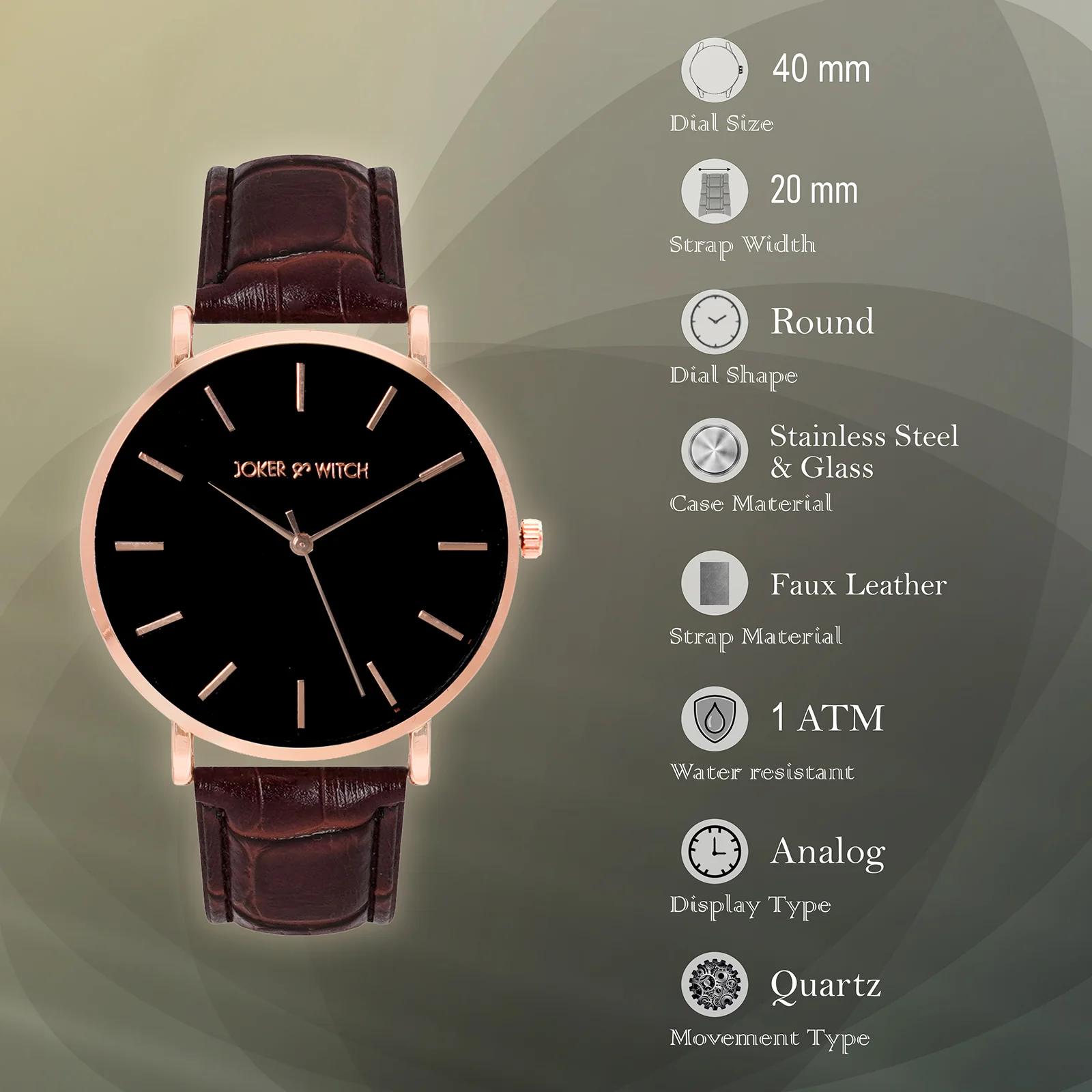 Paul Black Large Dial Brown Croc Strap Men's Watch - Image 5