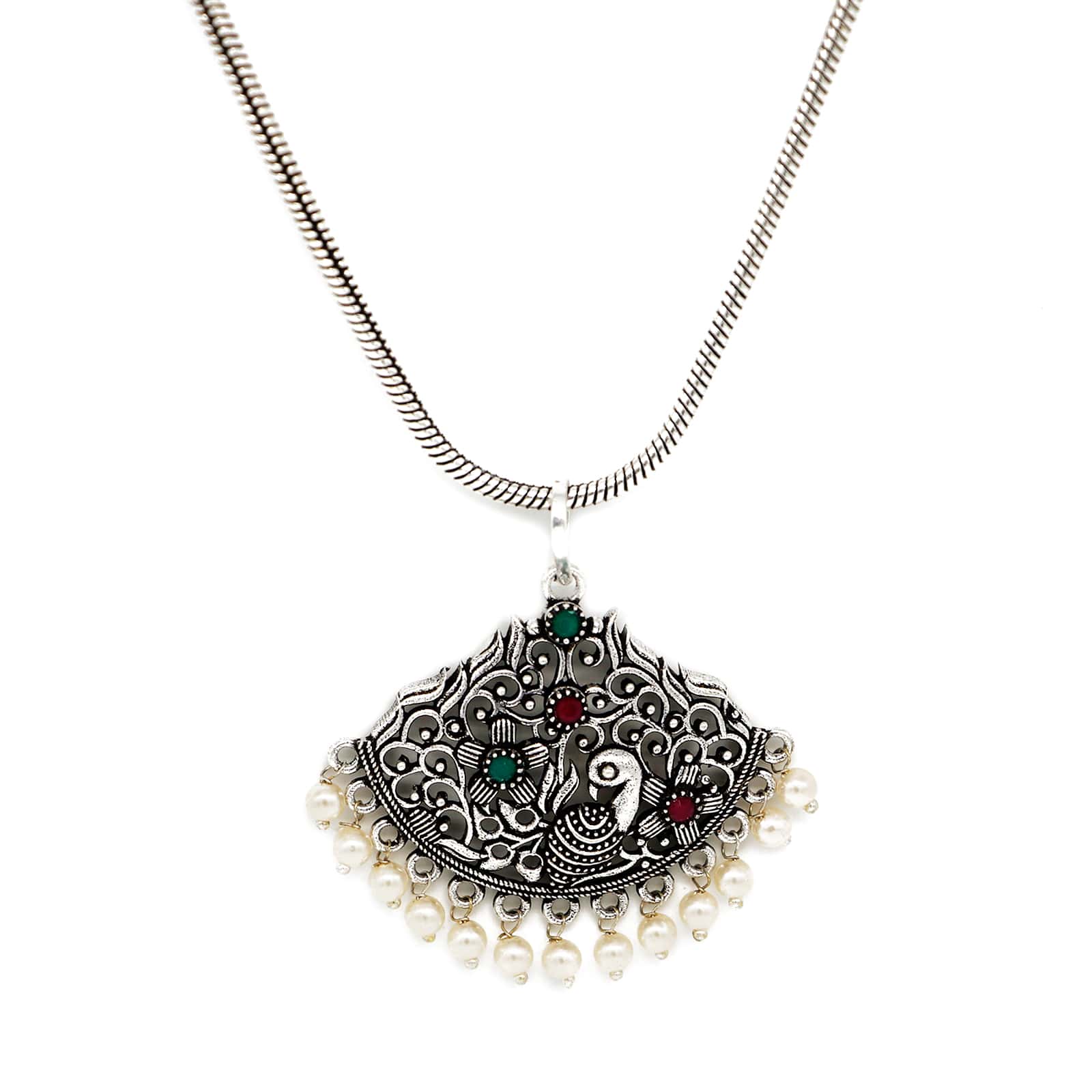 Pavaki Multi Colored Silver Oxidized  Pendant Set - Image 3
