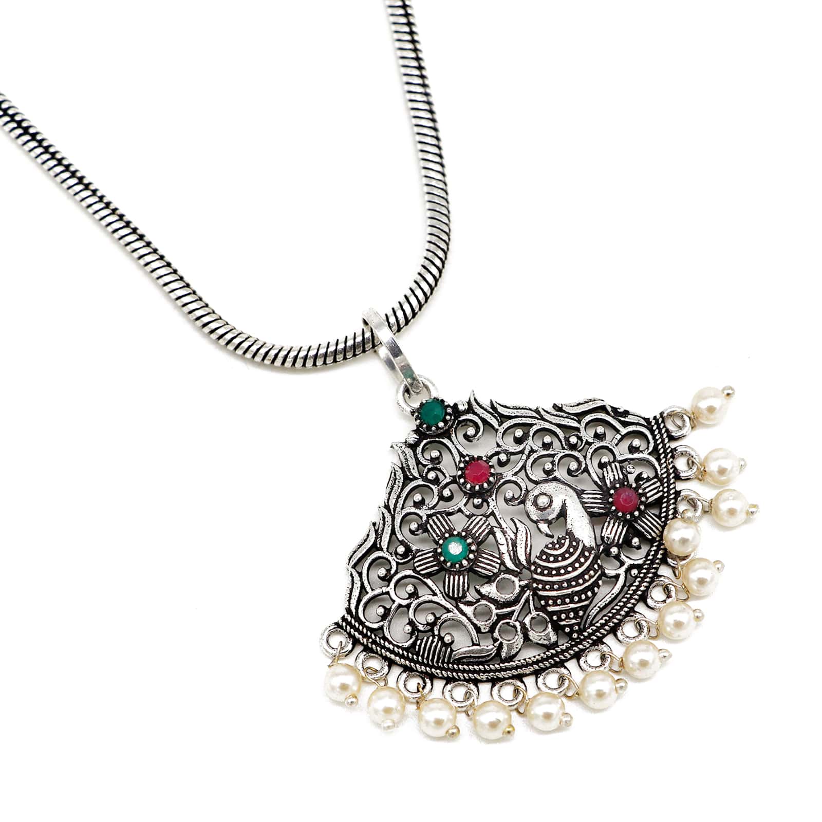 Pavaki Multi Colored Silver Oxidized  Pendant Set - Image 5