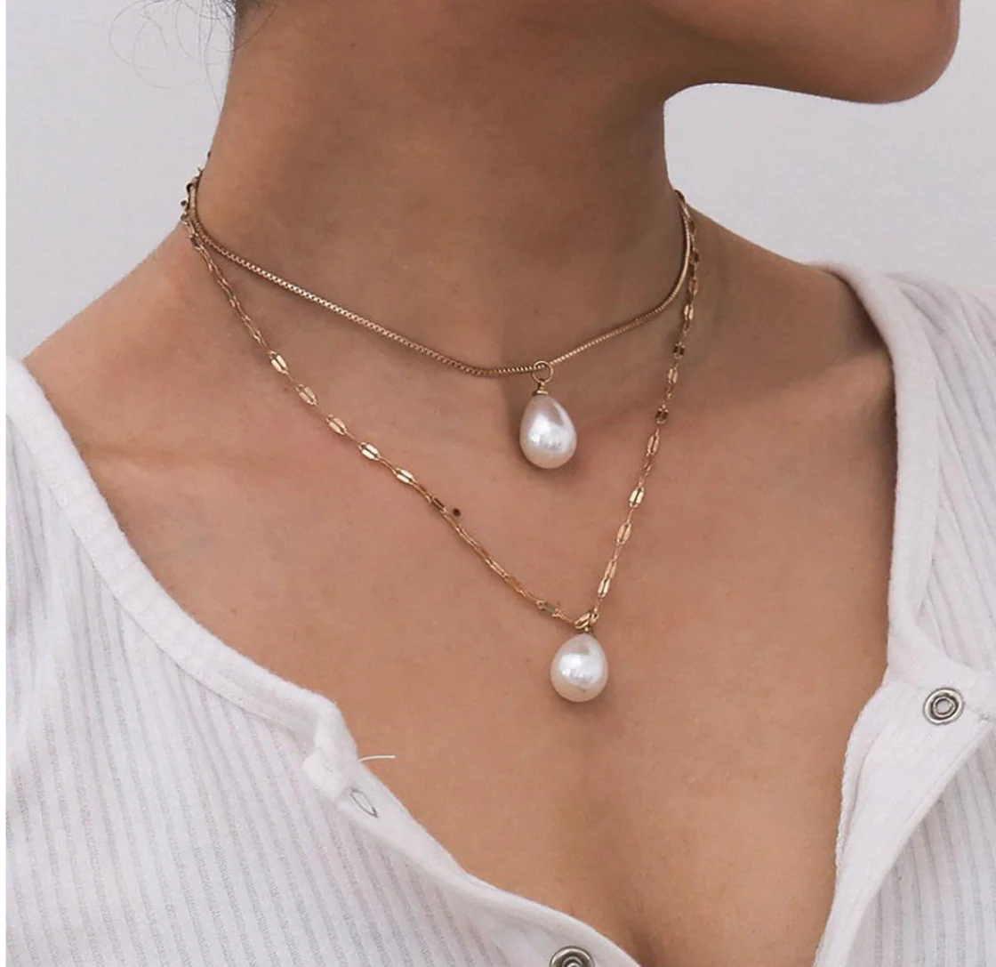 Pearl Drop Dainty Gold Layered Necklace - Image 2