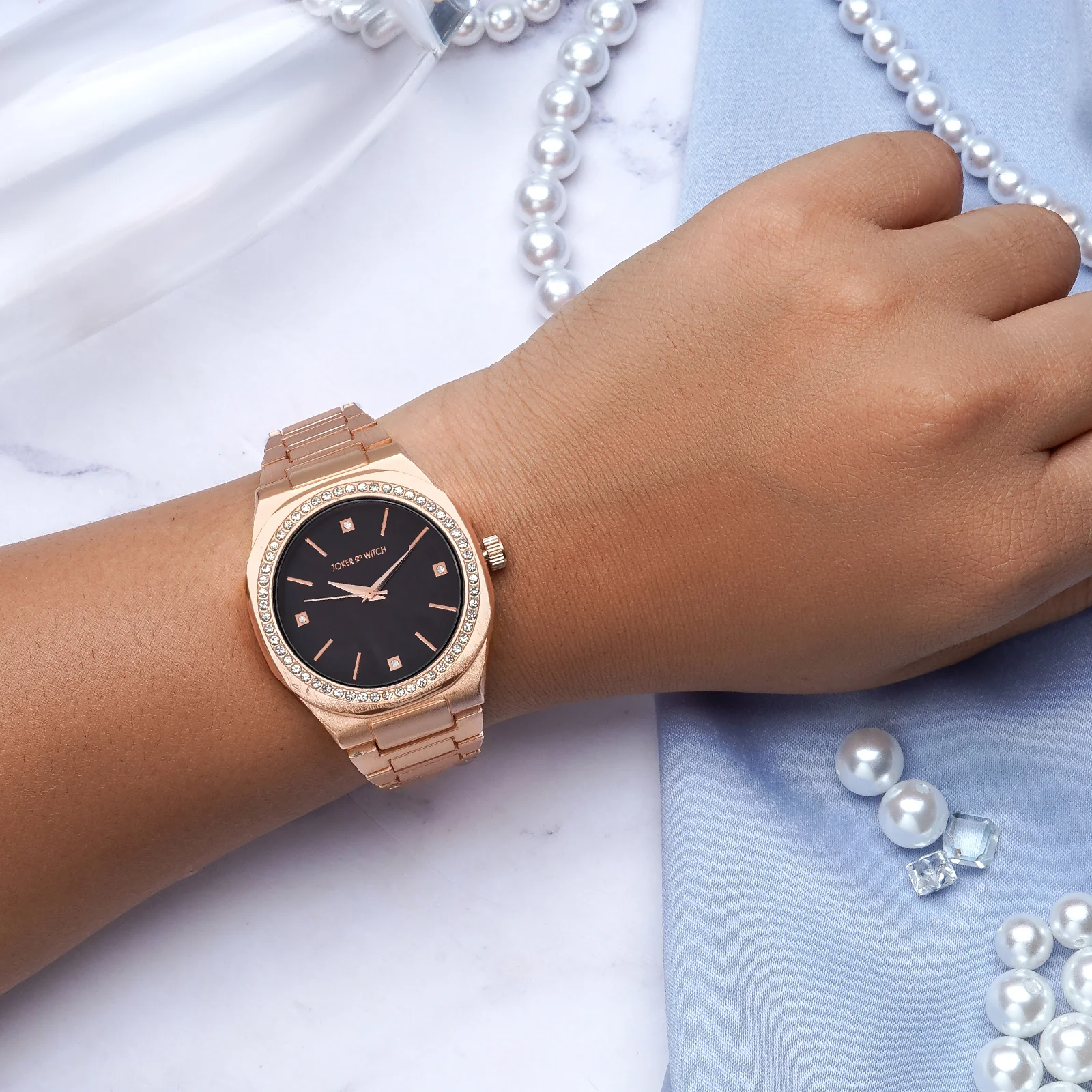 Pegasus Black Large Rhinestone Dial Rose Gold Linked Chain Strap Women's Watch - Image 6