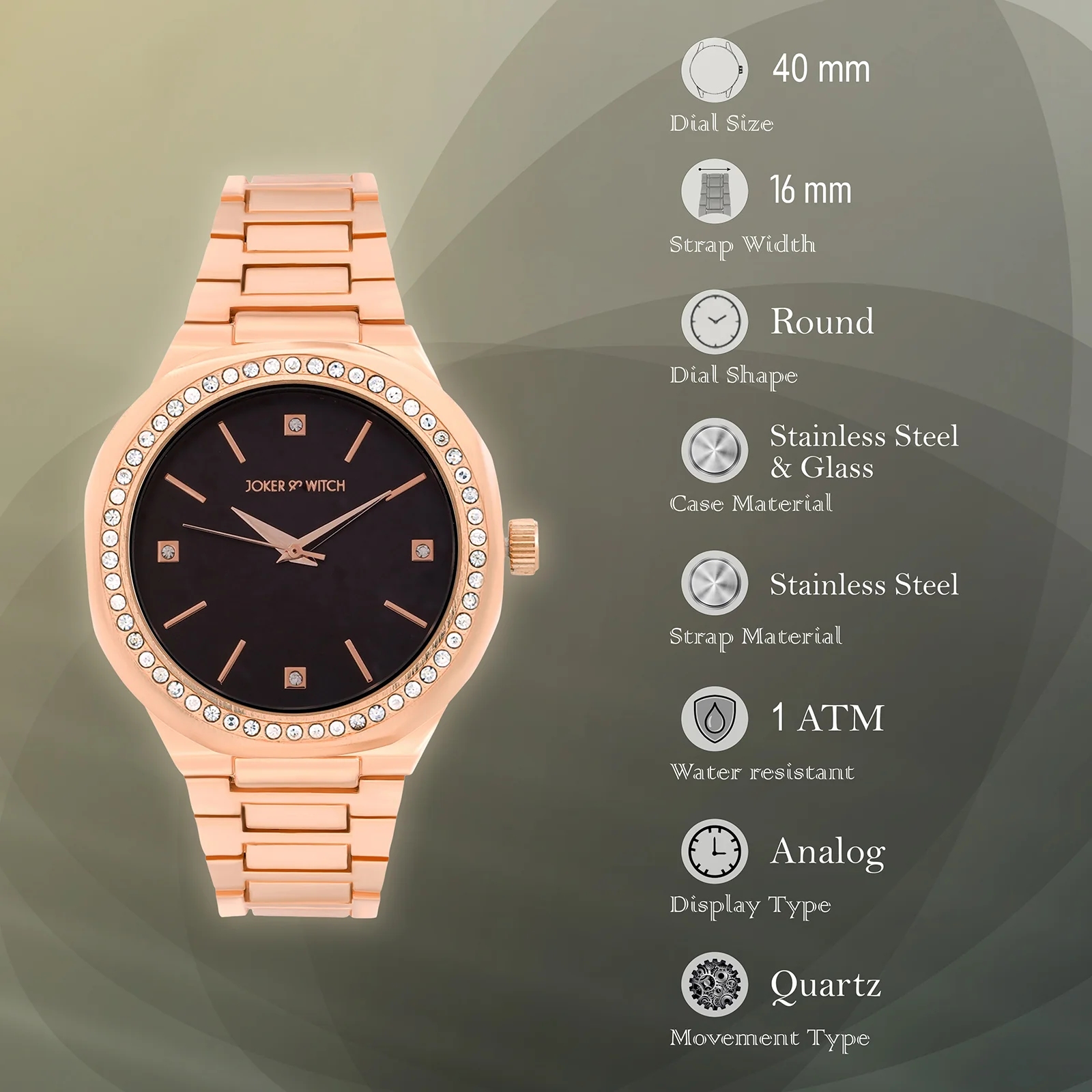 Pegasus Black Large Rhinestone Dial Rose Gold Linked Chain Strap Women's Watch - Image 7