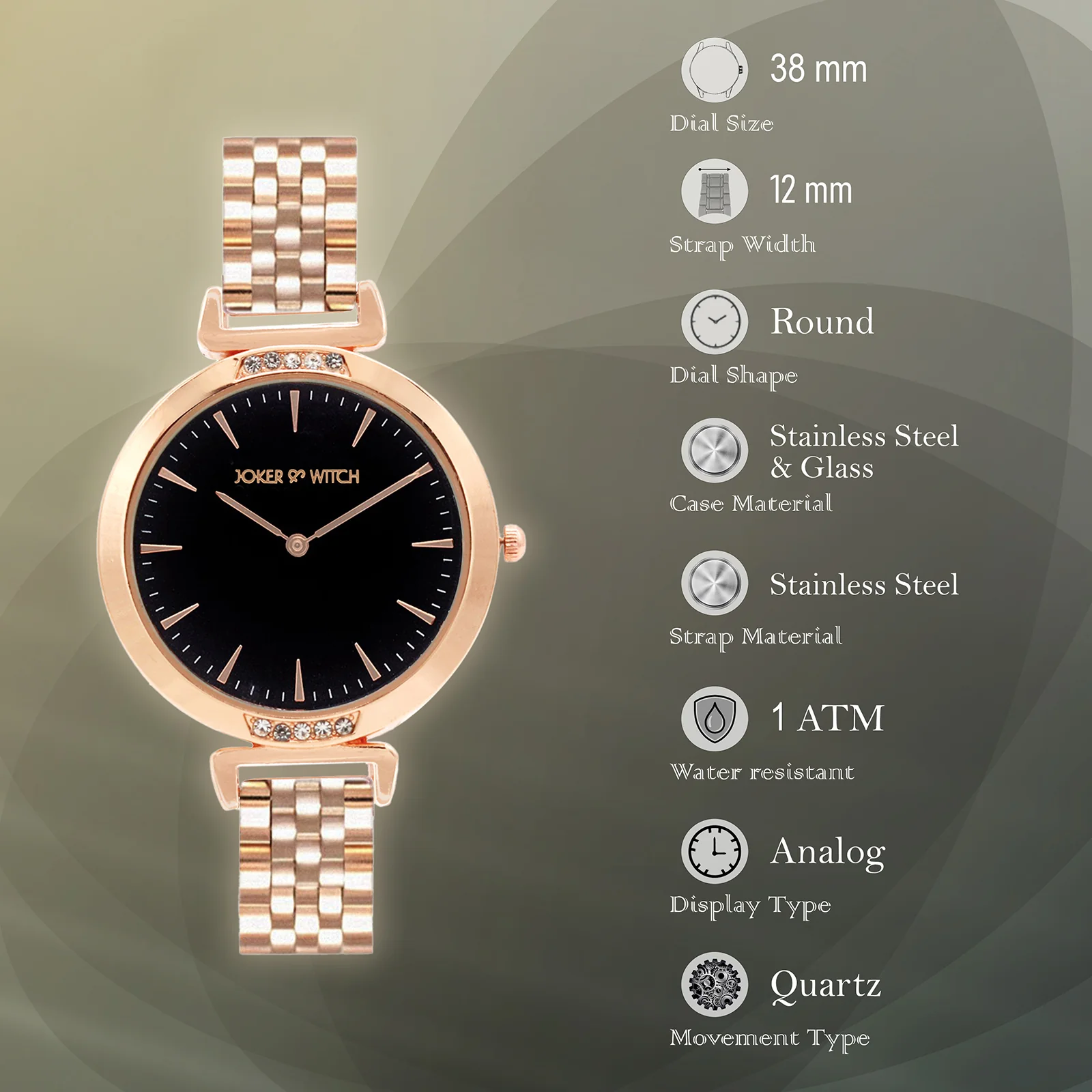 Petite Black Medium Dial Rose Gold Linked Chain Strap Women's Watch - Image 7