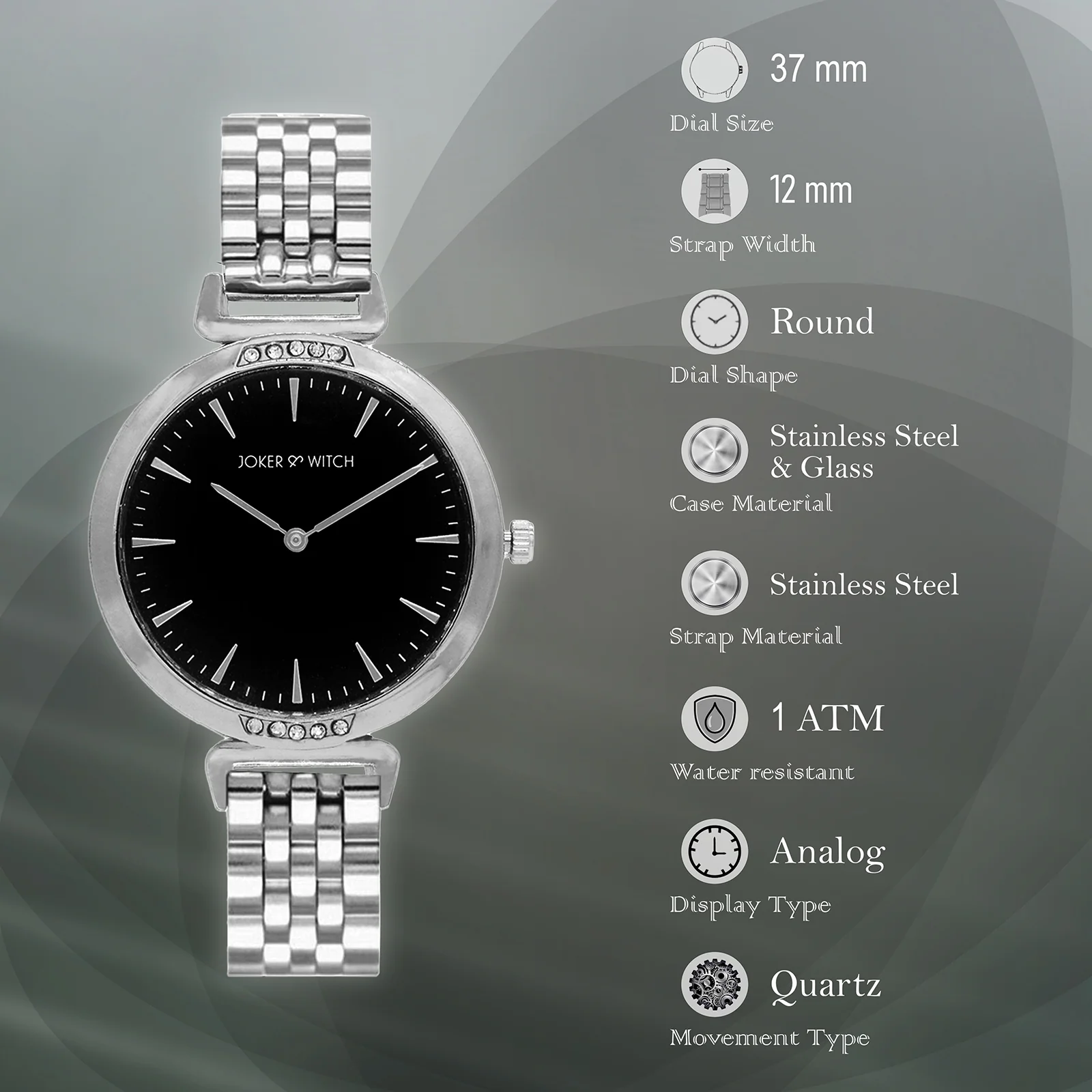 Petite Black Medium Dial Silver Linked Chain Strap Women's Watch - Image 6