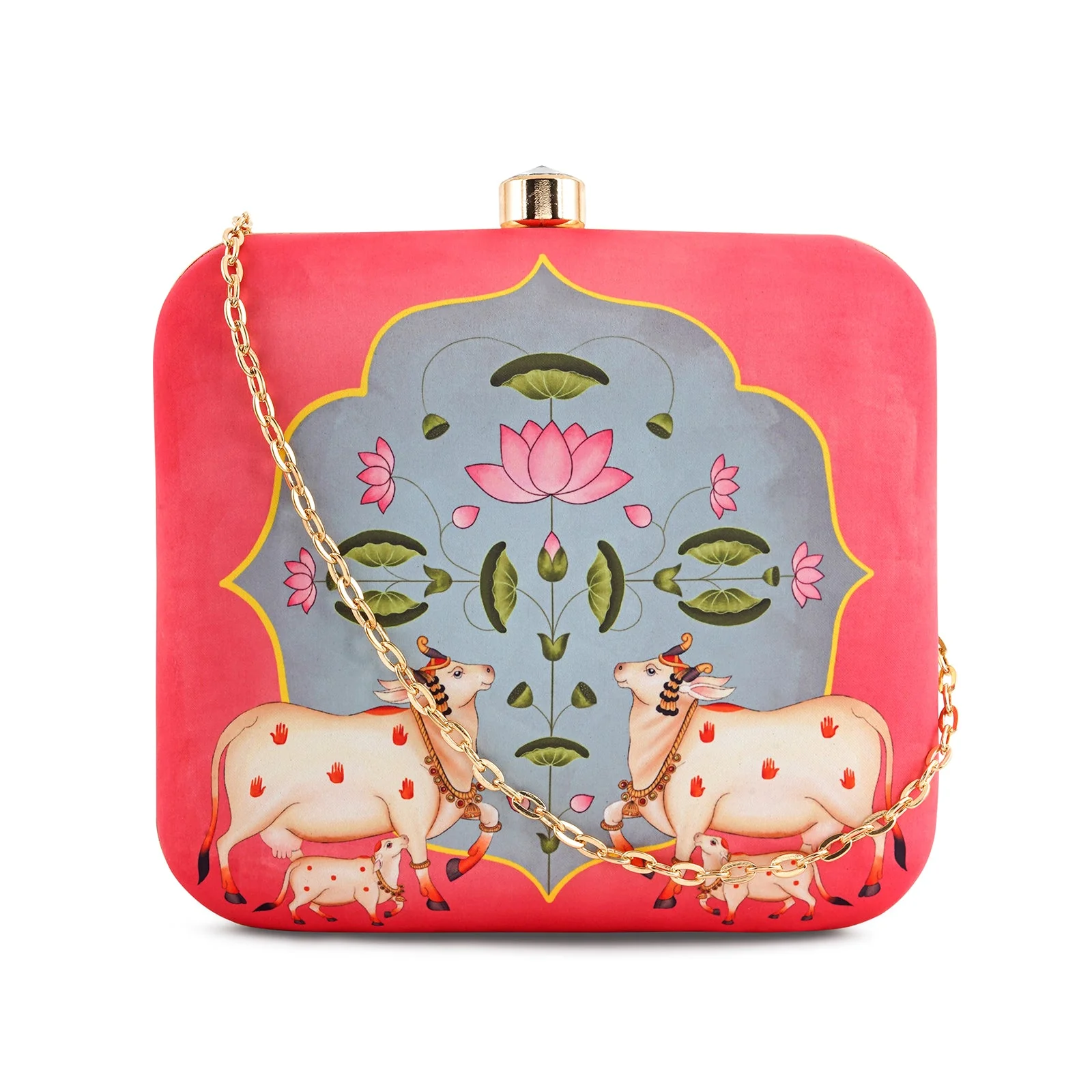 Pichwai Pop-Up Pink Stone and Printed Clutch - Image 3