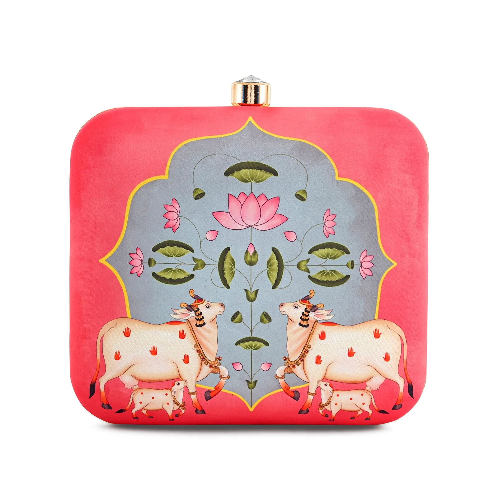 Pichwai Pop-Up Pink Stone and Printed Clutch - Image 4