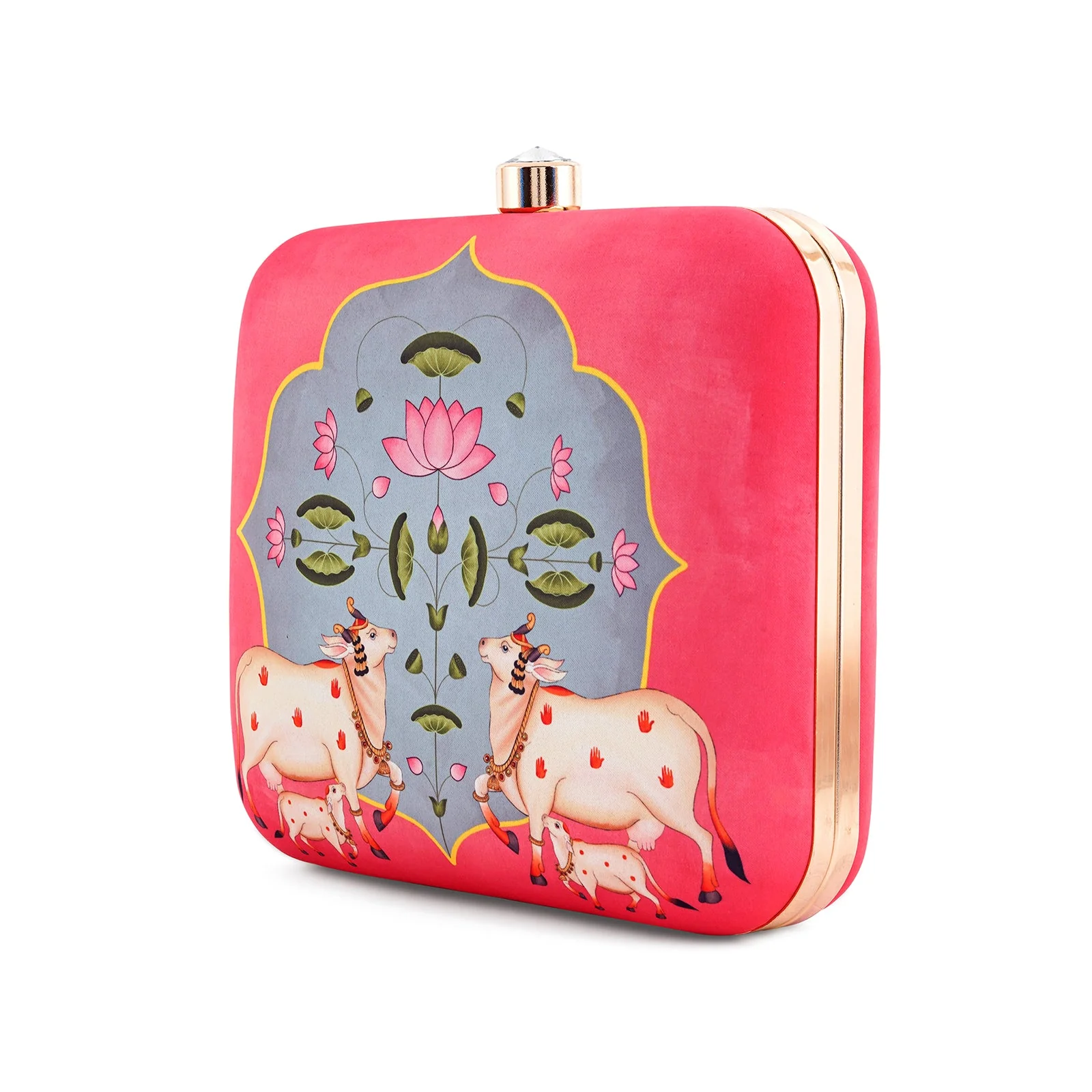 Pichwai Pop-Up Pink Stone and Printed Clutch - Image 5