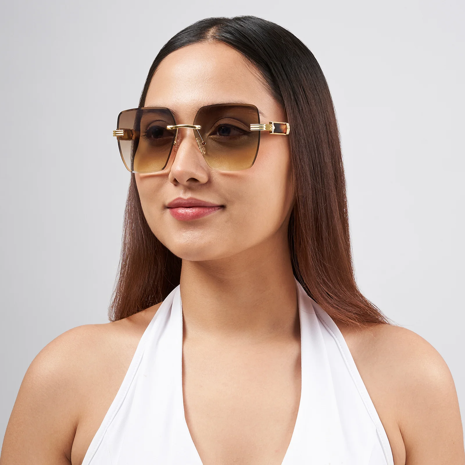 Posh Brown Ombre Rectangular Rimless Singlasses With Turtoise Shell Temples - Image 2