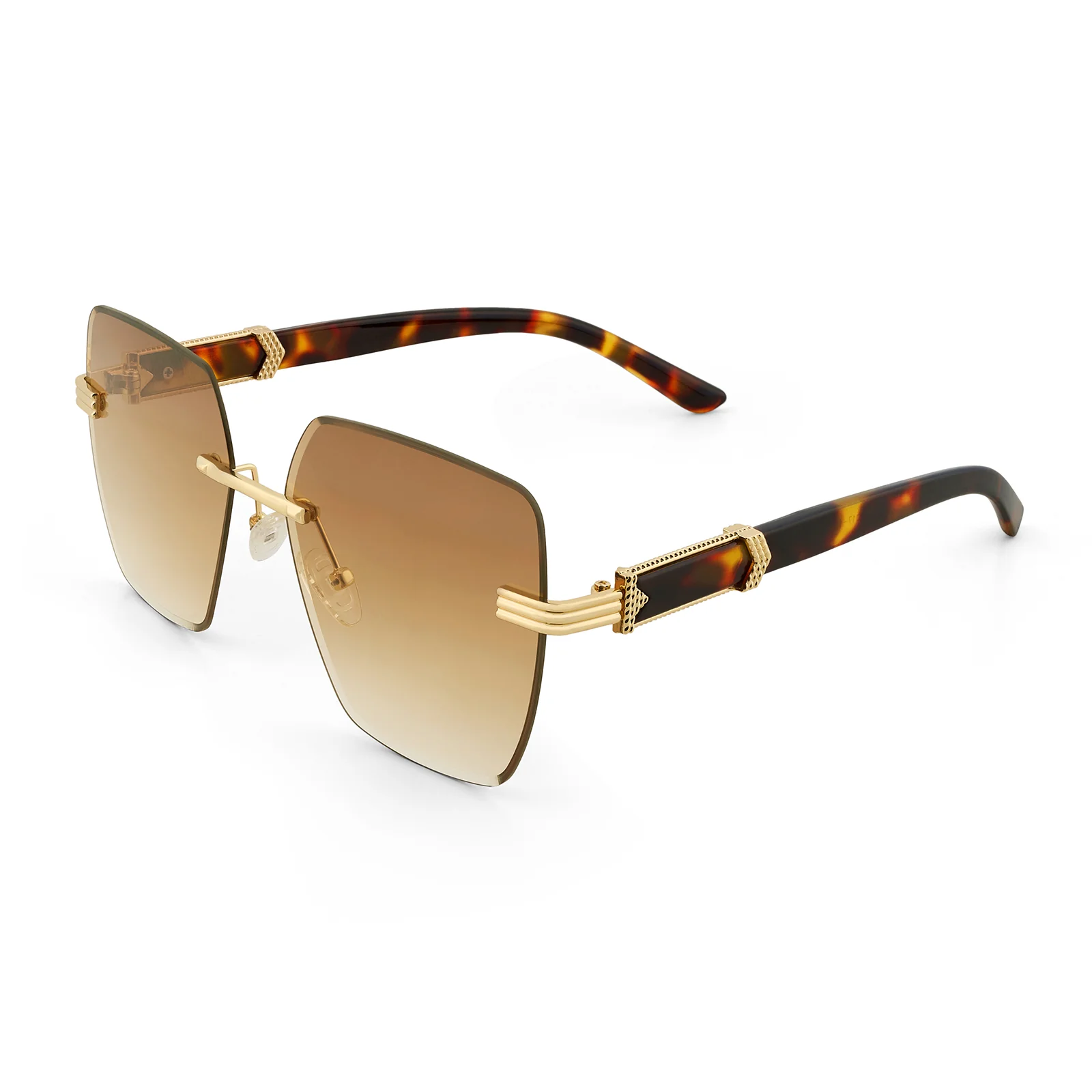 Posh Brown Ombre Rectangular Rimless Singlasses With Turtoise Shell Temples - Image 4
