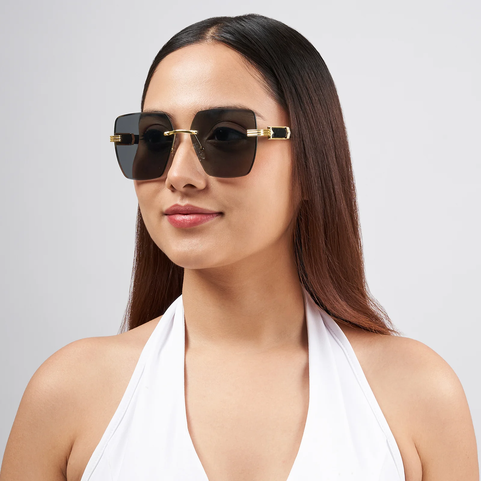 Posh Dark Grey Rectangular Rimless Singlasses With Black Temples - Image 2