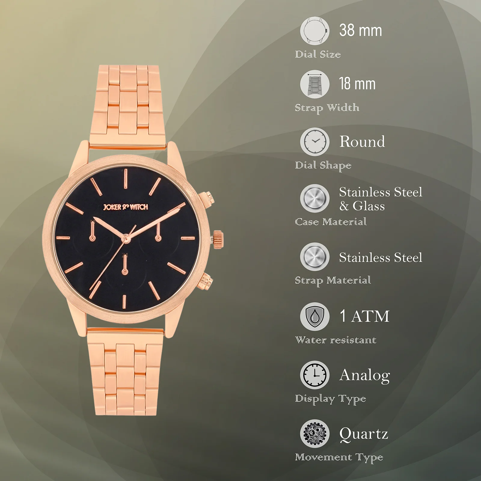 Prague Black Large Dial Rose Gold Linked Chain Strap Women's Watch - Image 7