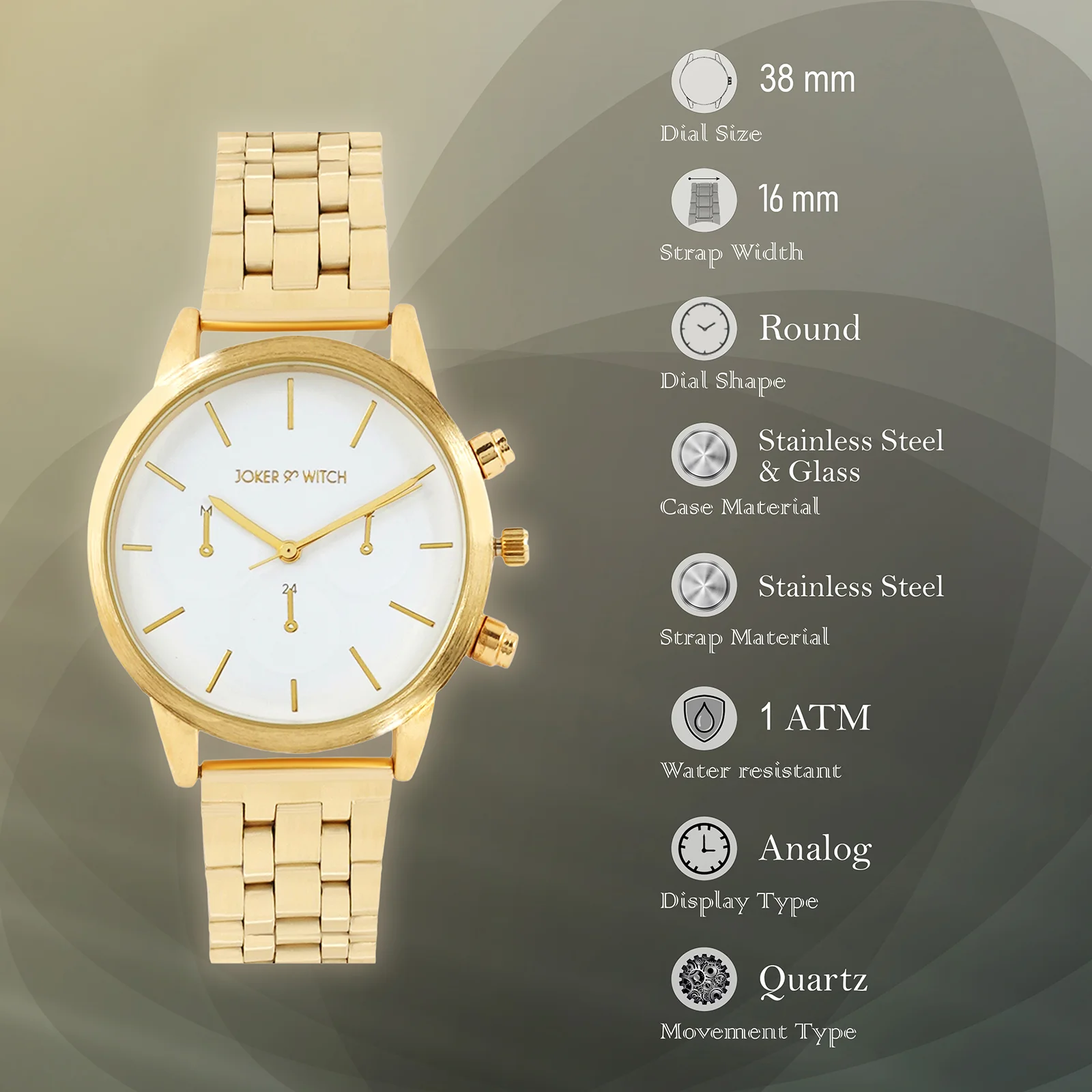 Prague White Large Dial Gold Linked Chain Strap Women's Watch - Image 7