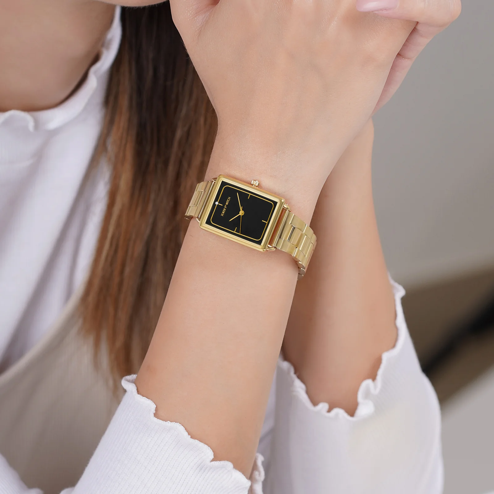 Quad Black Small Rectangle Dial Gold Linked Chain Strap Women's Watch - Image 2