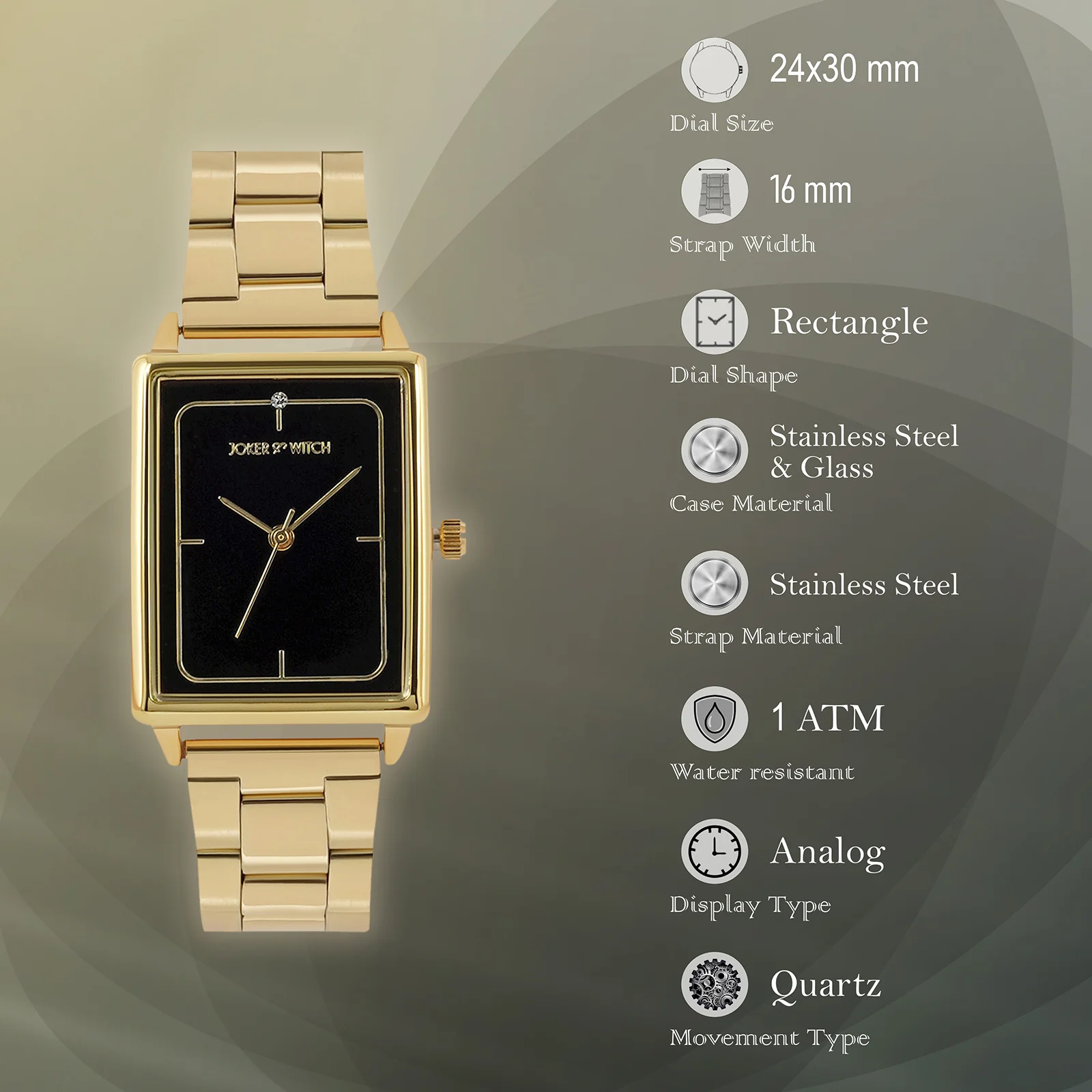 Quad Black Small Rectangle Dial Gold Linked Chain Strap Women's Watch - Image 7