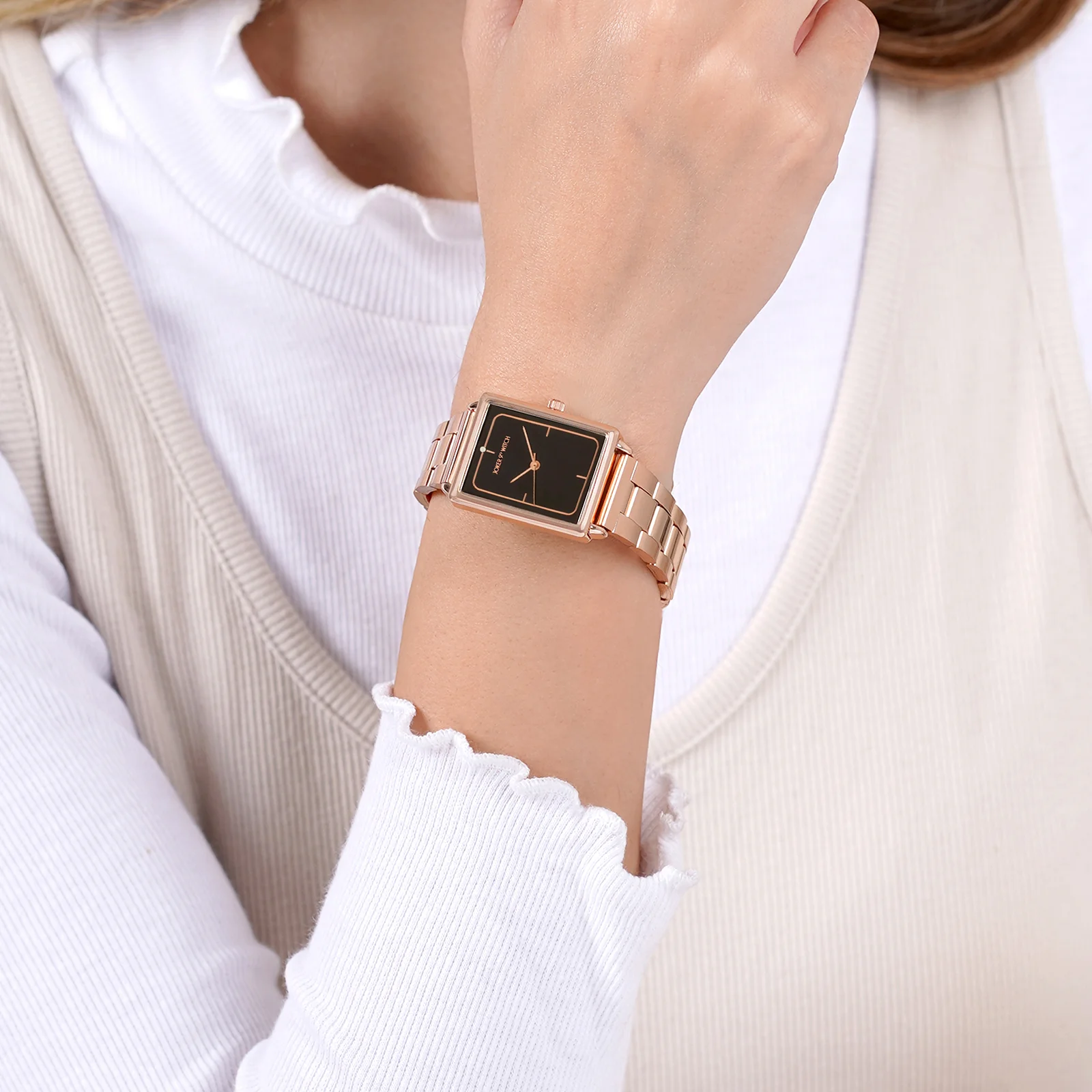Quad Black Small Rectangle Dial Rose Gold Linked Chain Strap Women's Watch - Image 2