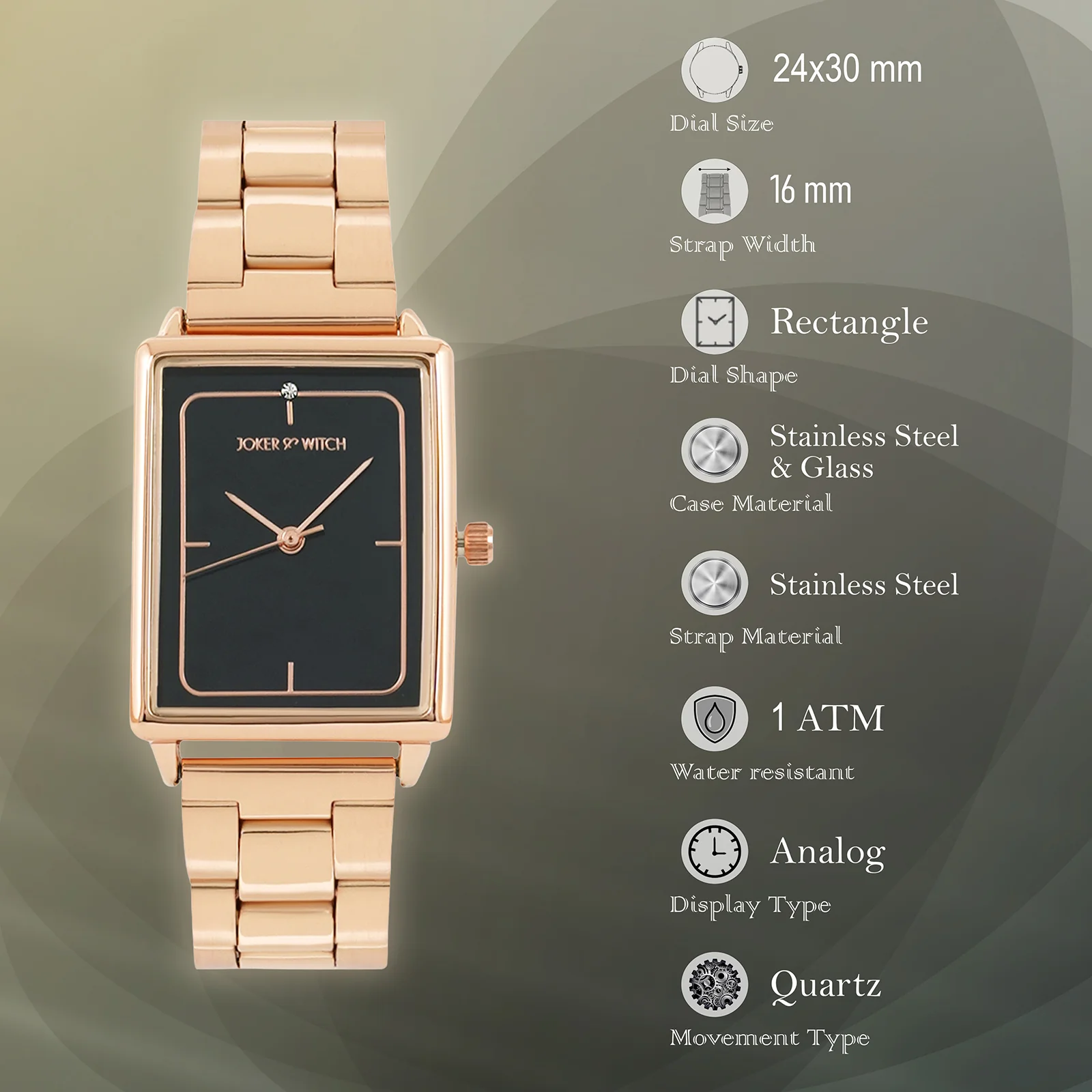 Quad Black Small Rectangle Dial Rose Gold Linked Chain Strap Women's Watch - Image 7