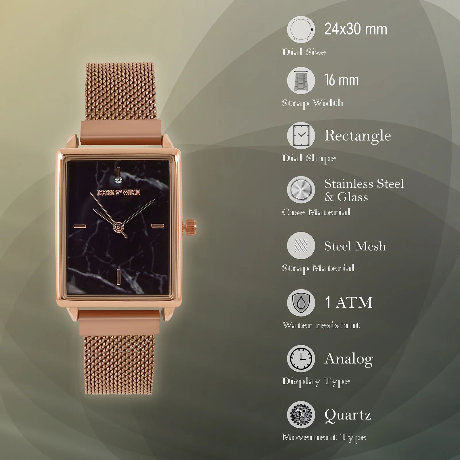 Quad Black Small Rectangle Marble Dial Rose Gold Magnetic Strap Women's Watch - Image 7
