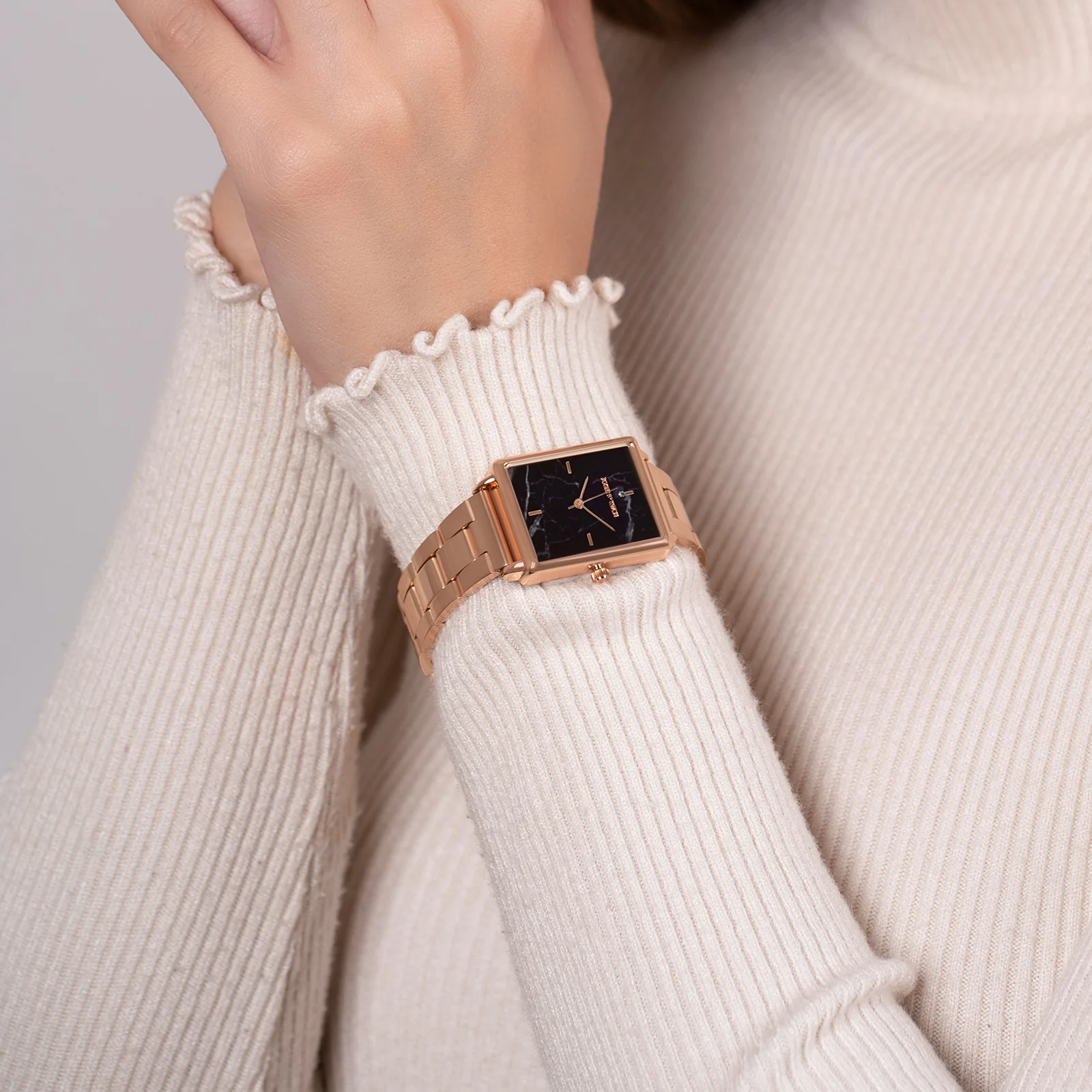 Quad Black Small Rectangle Marble Dial Rose Gold Linked Chain Strap Women's Watch - Image 2
