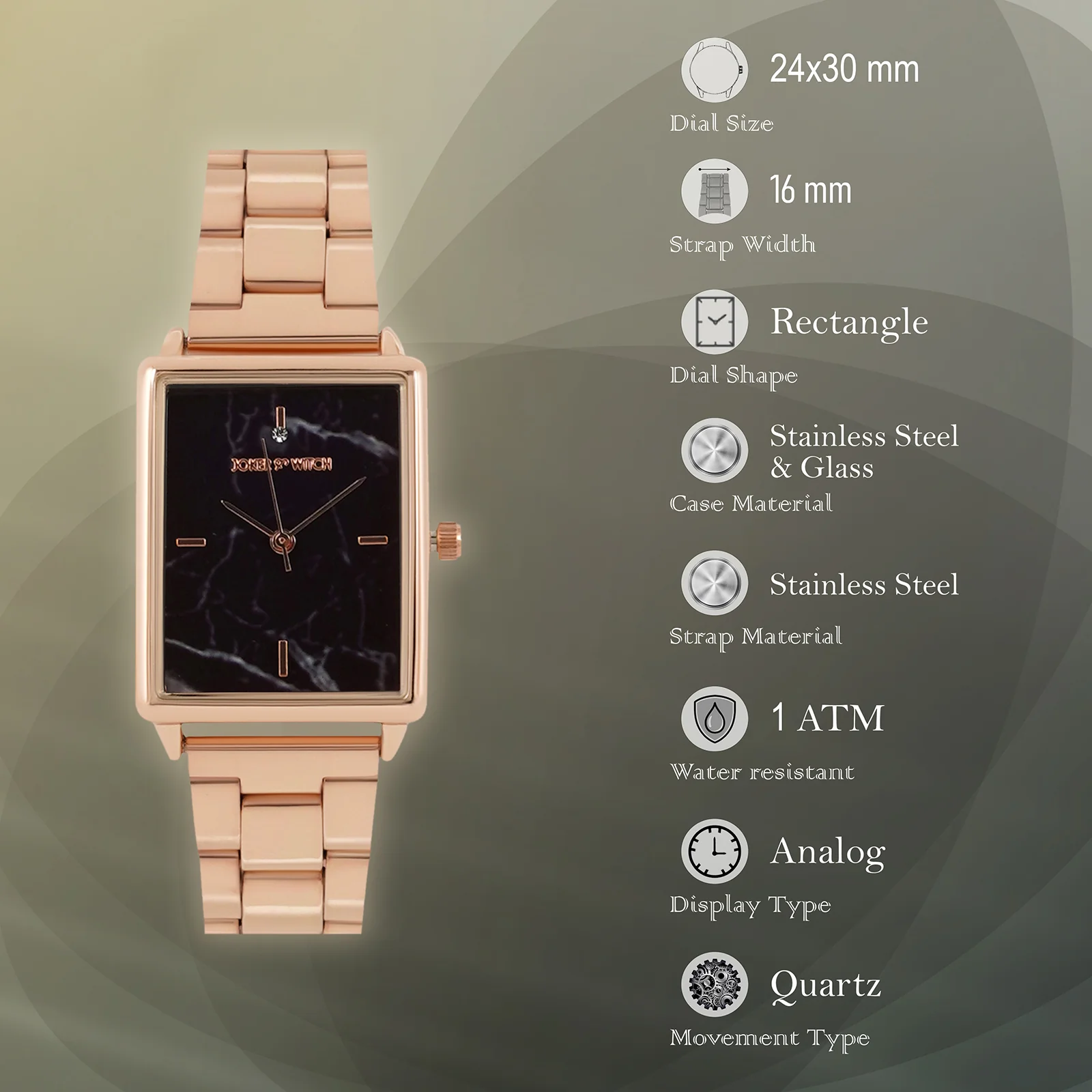 Quad Black Small Rectangle Marble Dial Rose Gold Linked Chain Strap Women's Watch - Image 7
