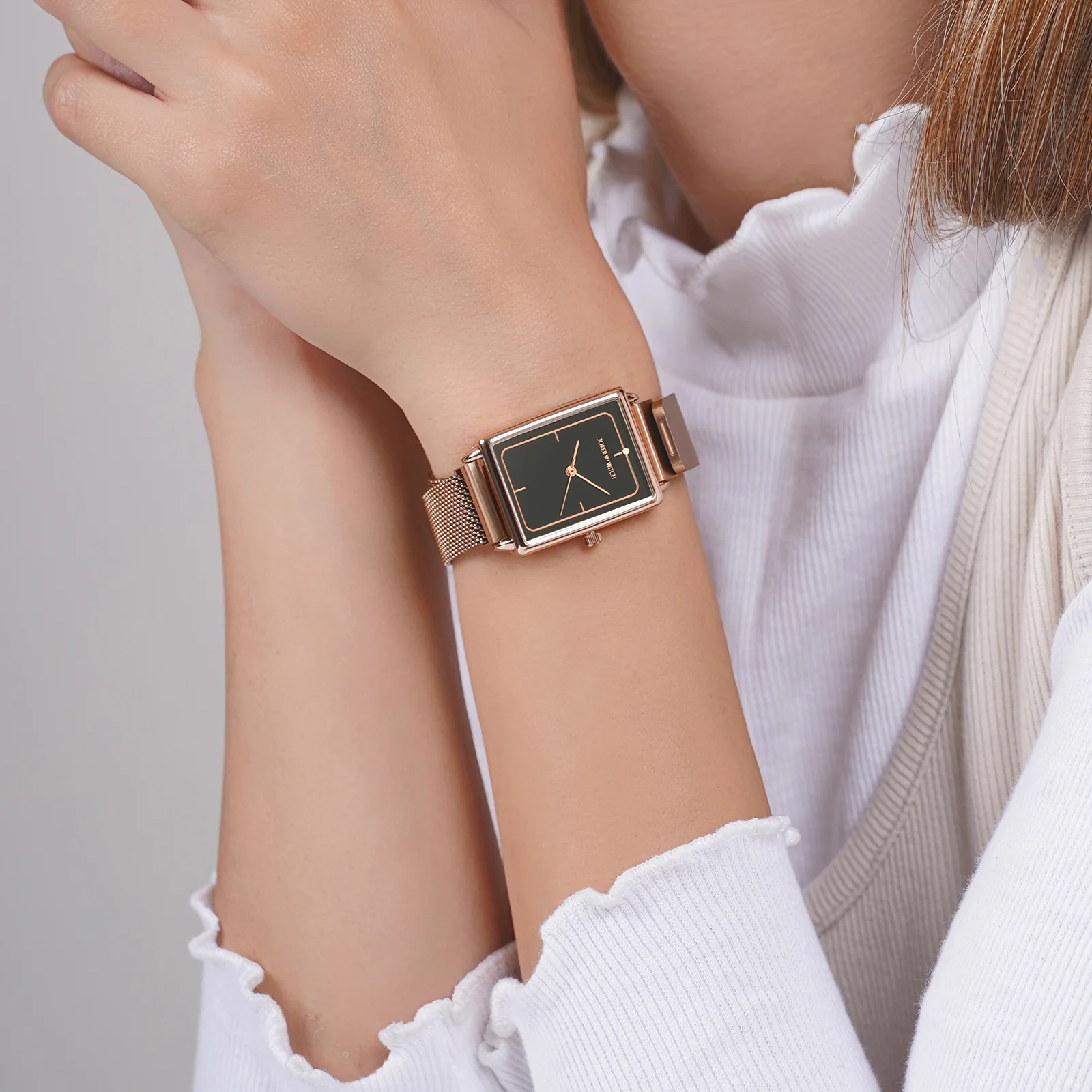 Quad Grey Small Rectangle Dial Rose Gold Magnetic Strap Women's Watch - Image 2