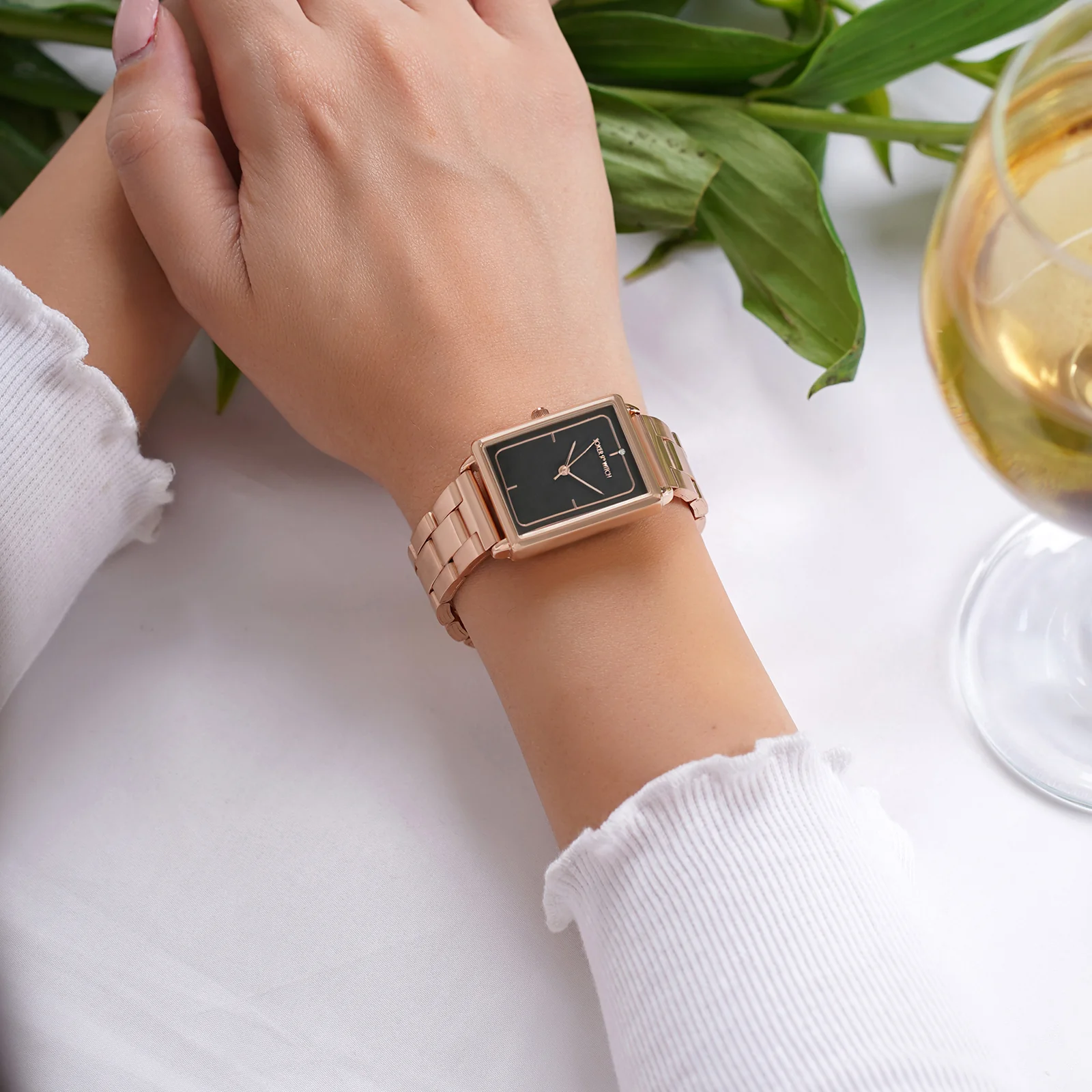 Quad Grey Small Rectangle Dial Rose Gold Linked Chain Strap Women's Watch - Image 3
