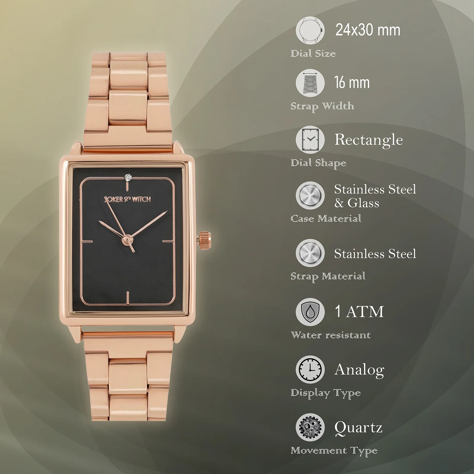 Quad Grey Small Rectangle Dial Rose Gold Linked Chain Strap Women's Watch - Image 7