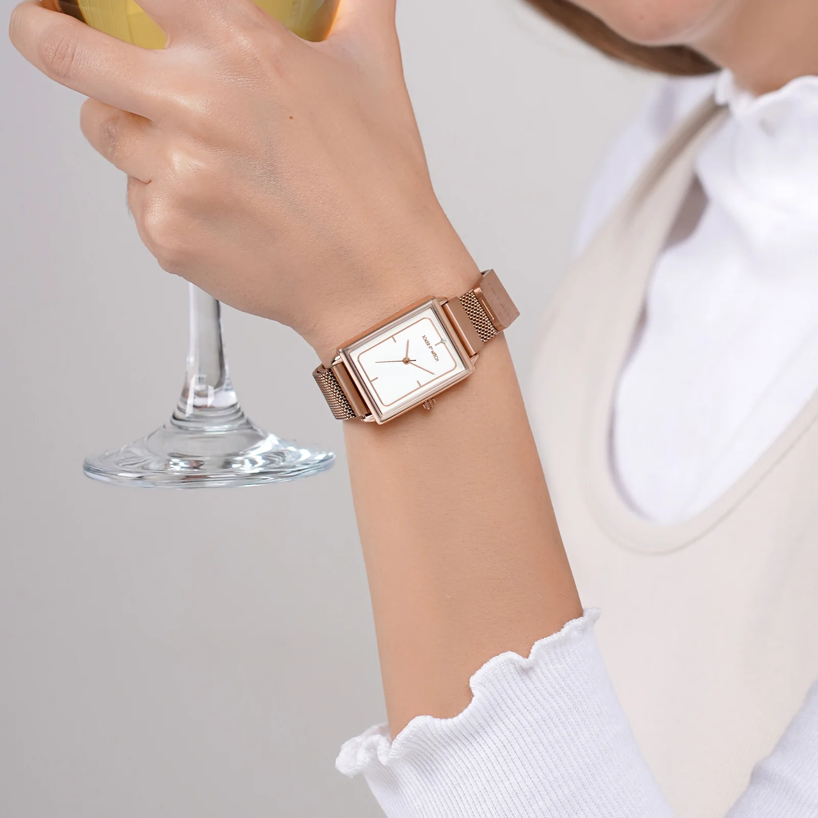 Quad White Small Rectangle Dial Rose Gold Magnetic Strap Women's Watch - Image 2