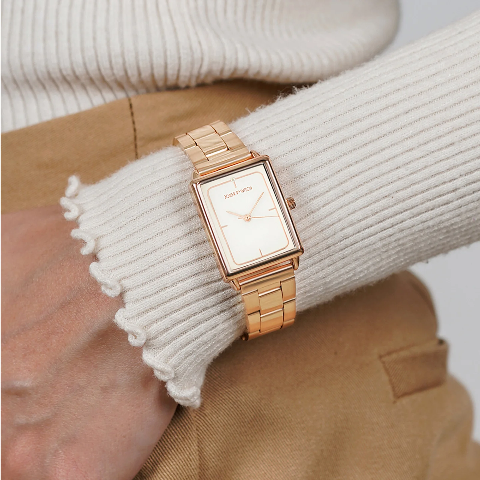 Quad White Small Rectangle Dial Rose Gold Linked Chain Strap Women's Watch - Image 2