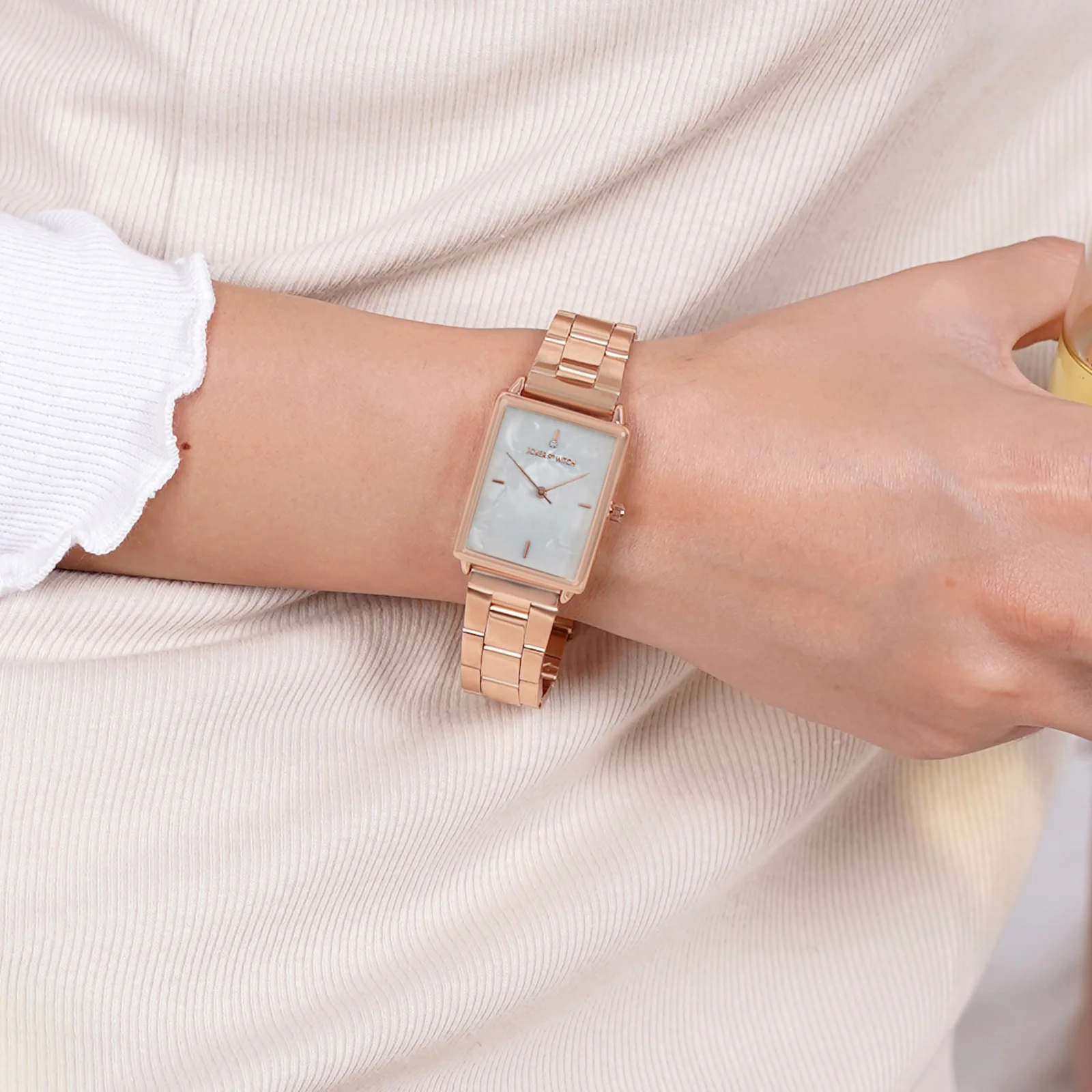 Quad White MOP Small Rectangle Dial Rose Gold Linked Chain Strap Women's Watch - Image 2