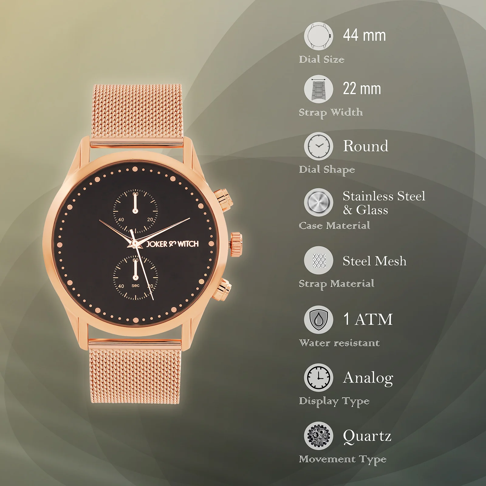 Quant Black XLarge Dial Rose Gold Mesh Strap Men's Watch - Image 7