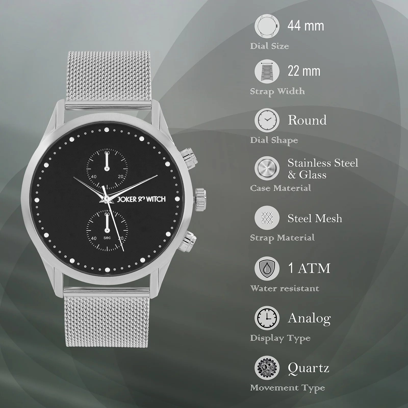 Quant Black XLarge Dial Silver Mesh Strap Men's Watch - Image 7