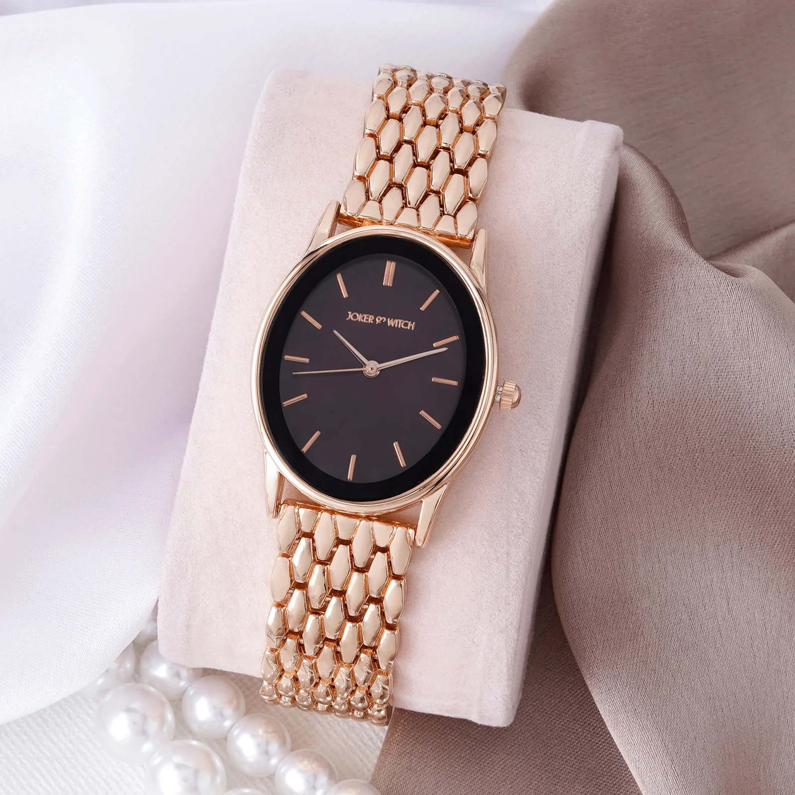 Quisp Black Small Oval Dial Rose Gold Linked Chain Strap Women's Watch - Image 2