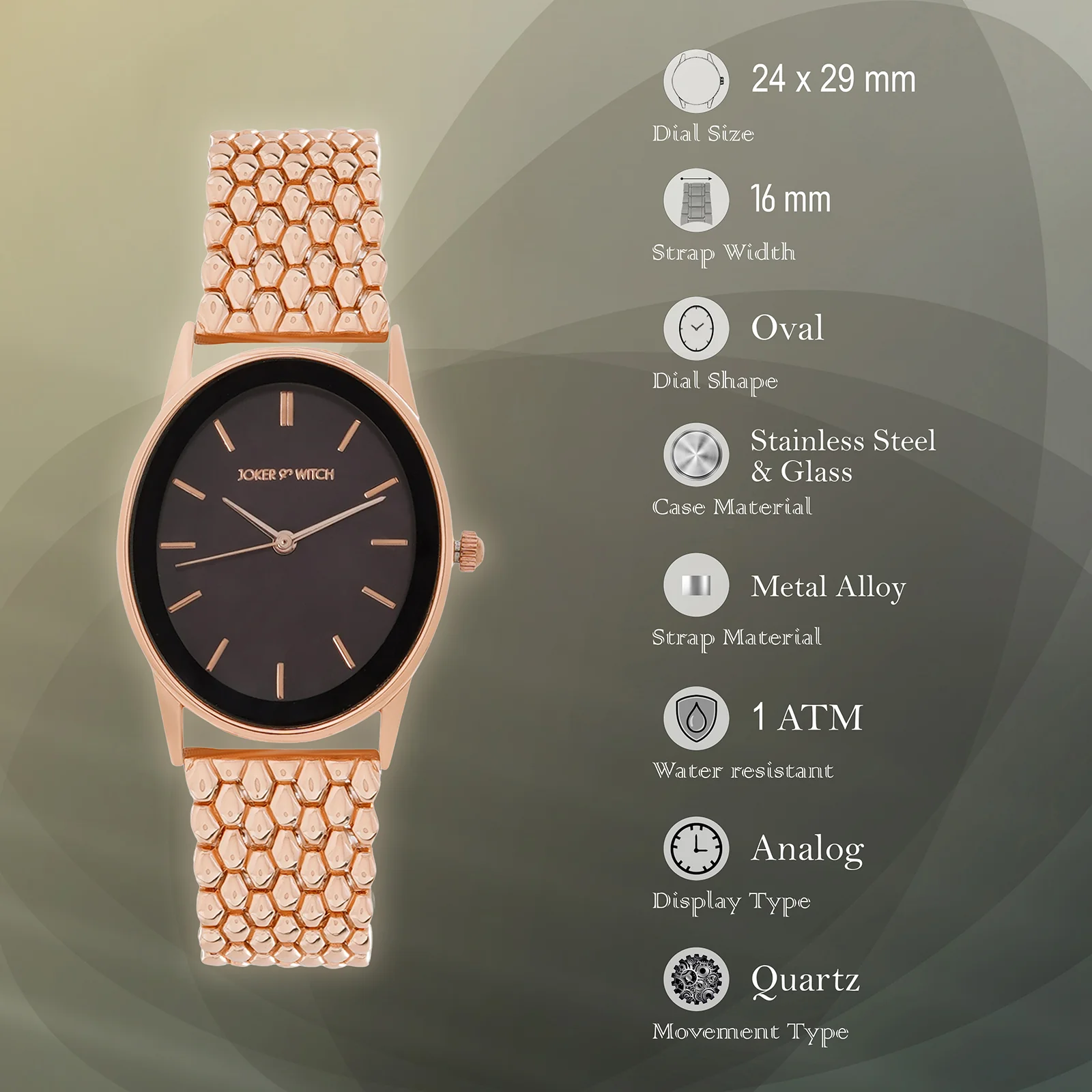 Quisp Black Small Oval Dial Rose Gold Linked Chain Strap Women's Watch - Image 7