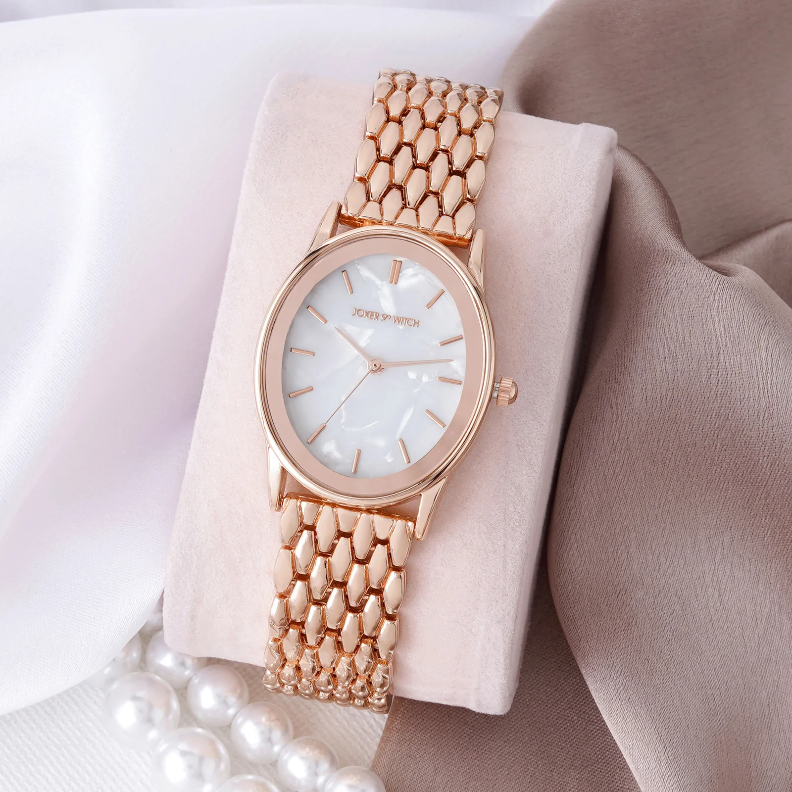 Quisp White Small Oval Dial Rose Gold Linked Chain Strap Women's Watch - Image 2
