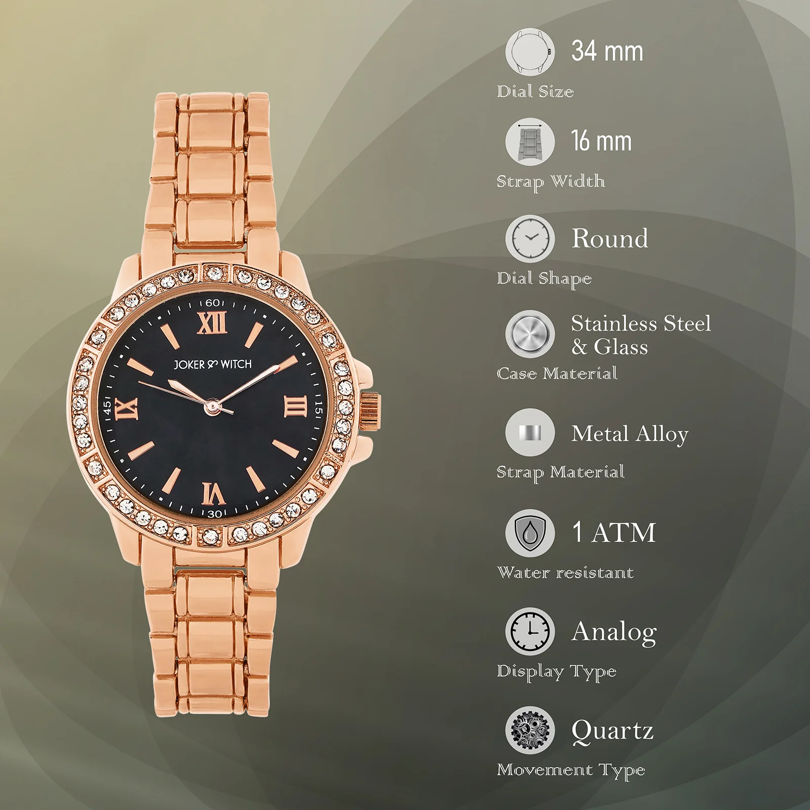 Radiant Halo Black Medium Rhinestone Dial Rose Gold Linked Chain Strap Women's Watch - Image 7