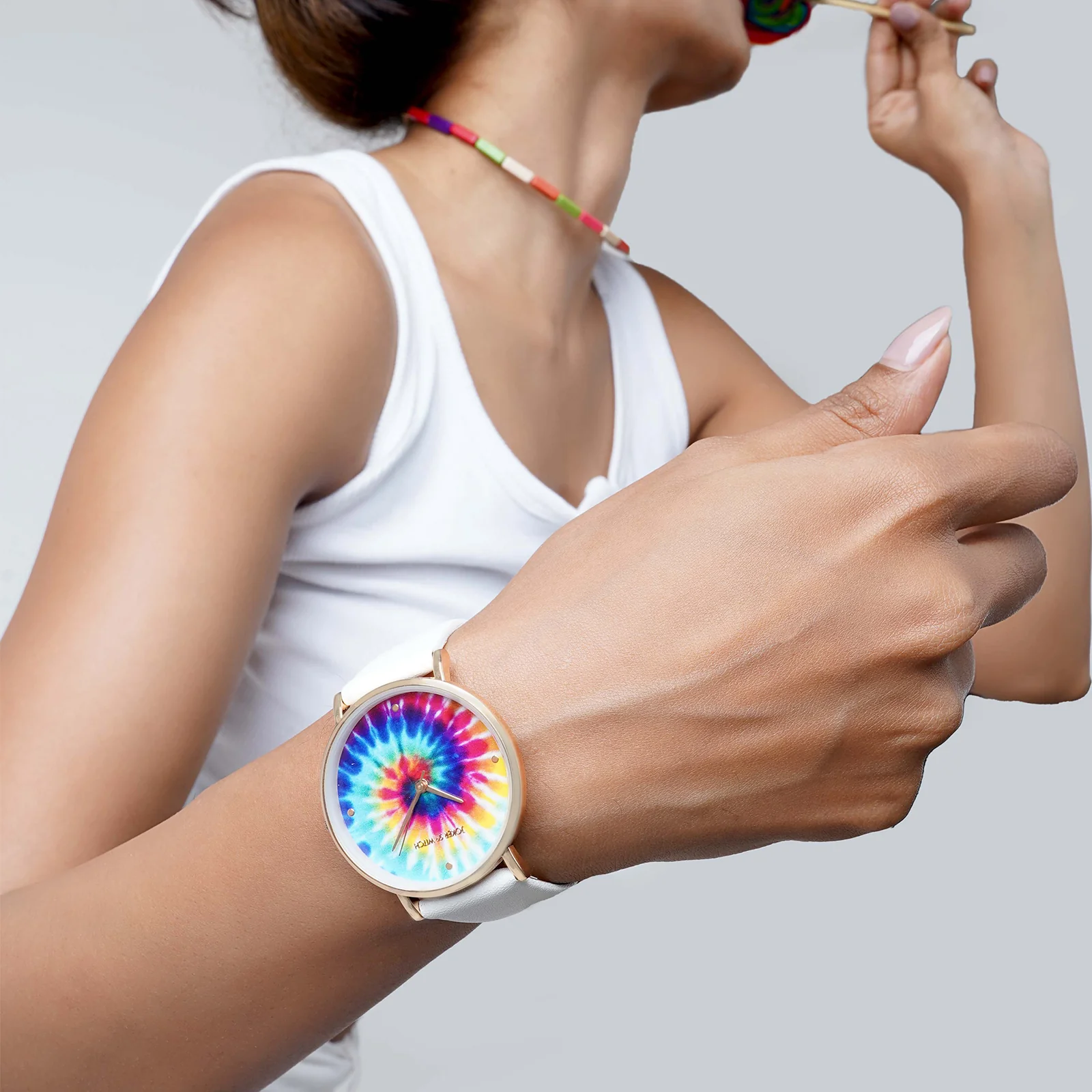 Printed Rainbow Tie-Dye Medium Dial White PU Strap Women's Watch - Image 2