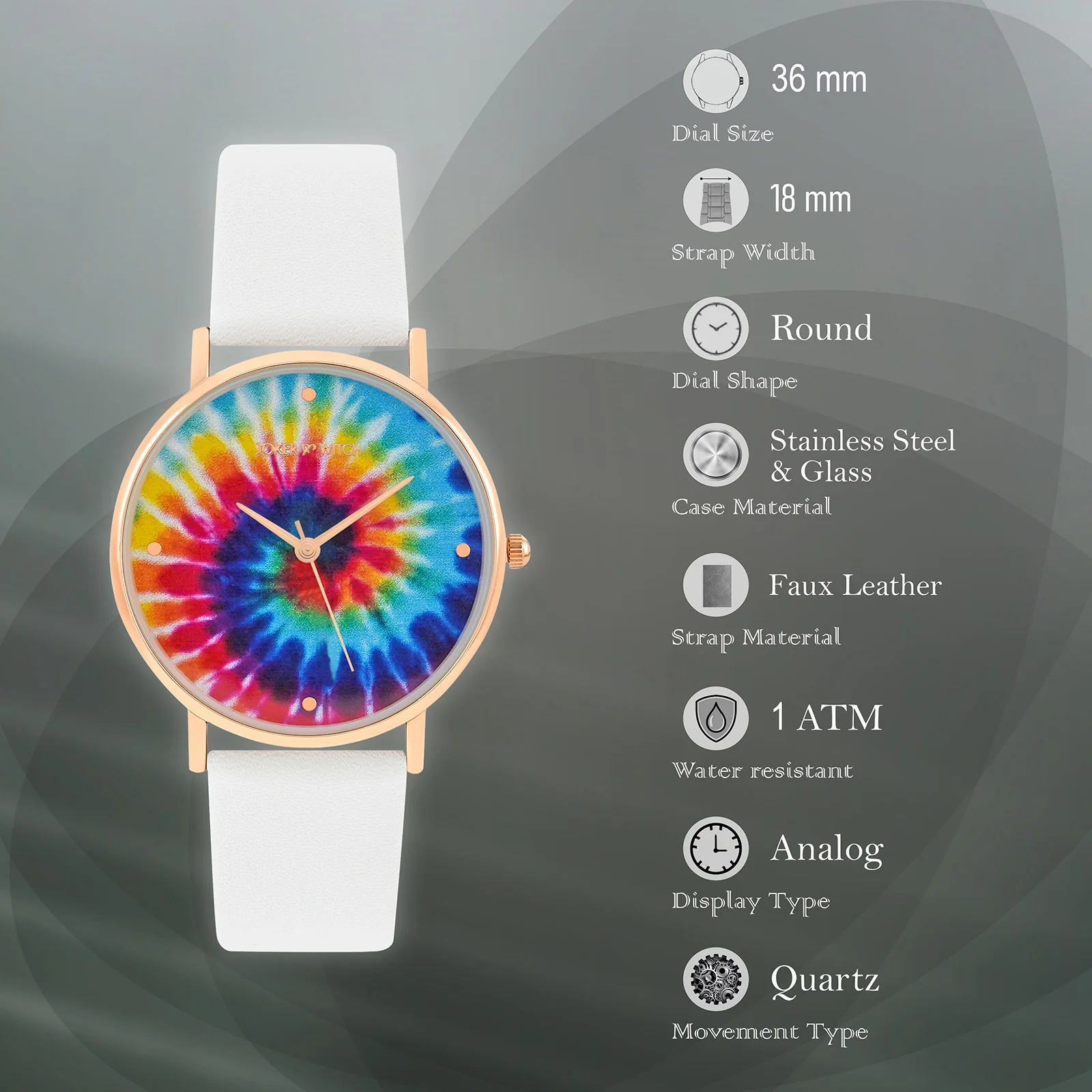 Printed Rainbow Tie-Dye Medium Dial White PU Strap Women's Watch - Image 7