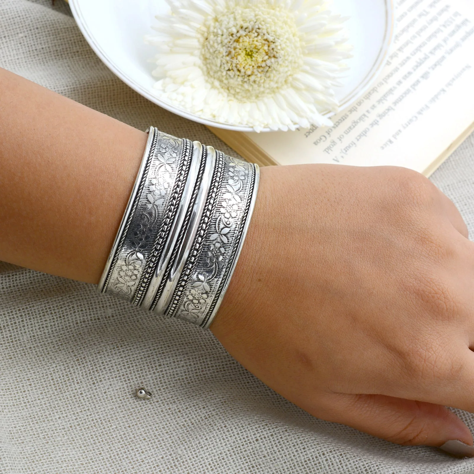 Raksha Floral Embossed Silver Oxidized Cuff - Image 2