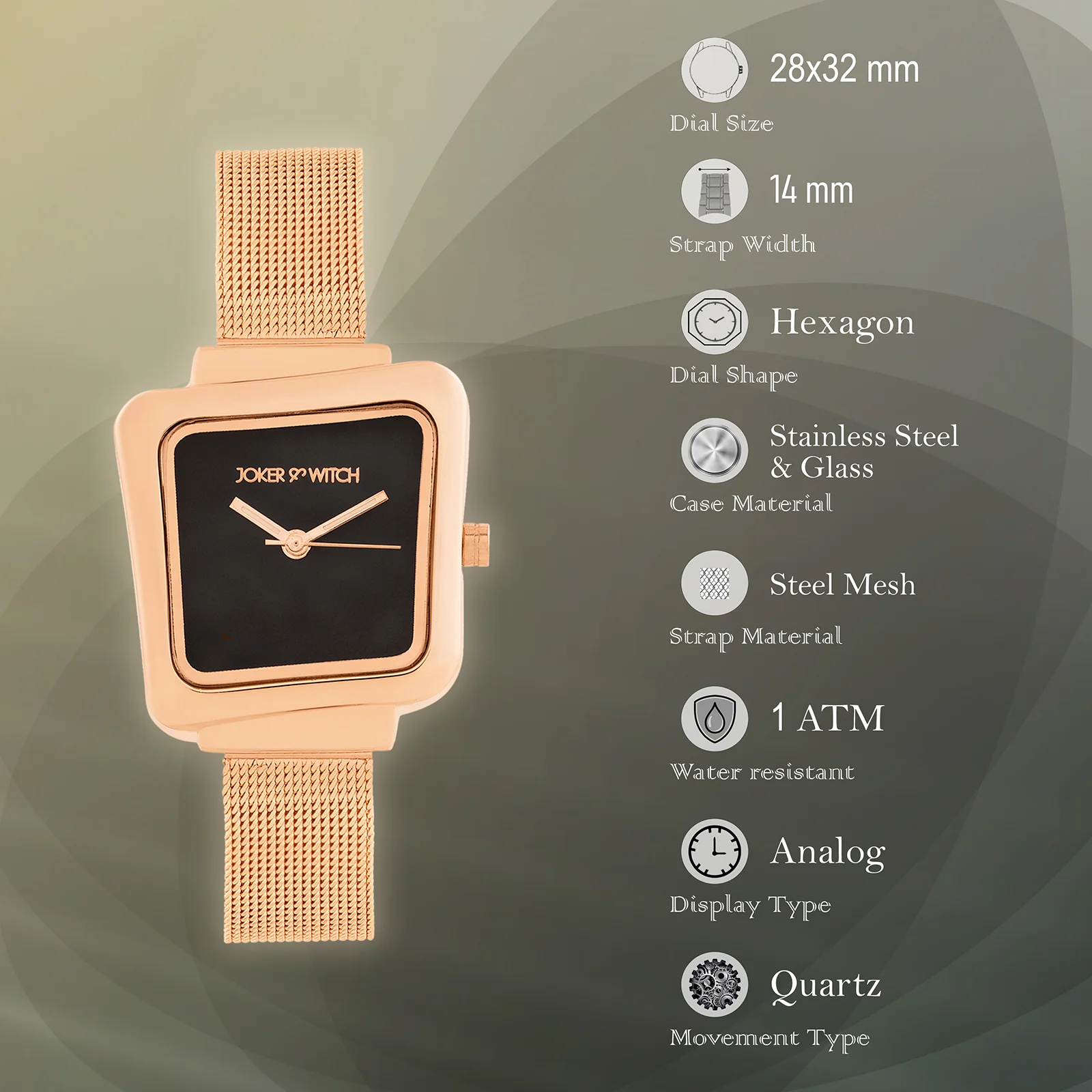 Regalia Black Small Hexagon Dial Rose Gold Mesh Strap Women's Watch - Image 7