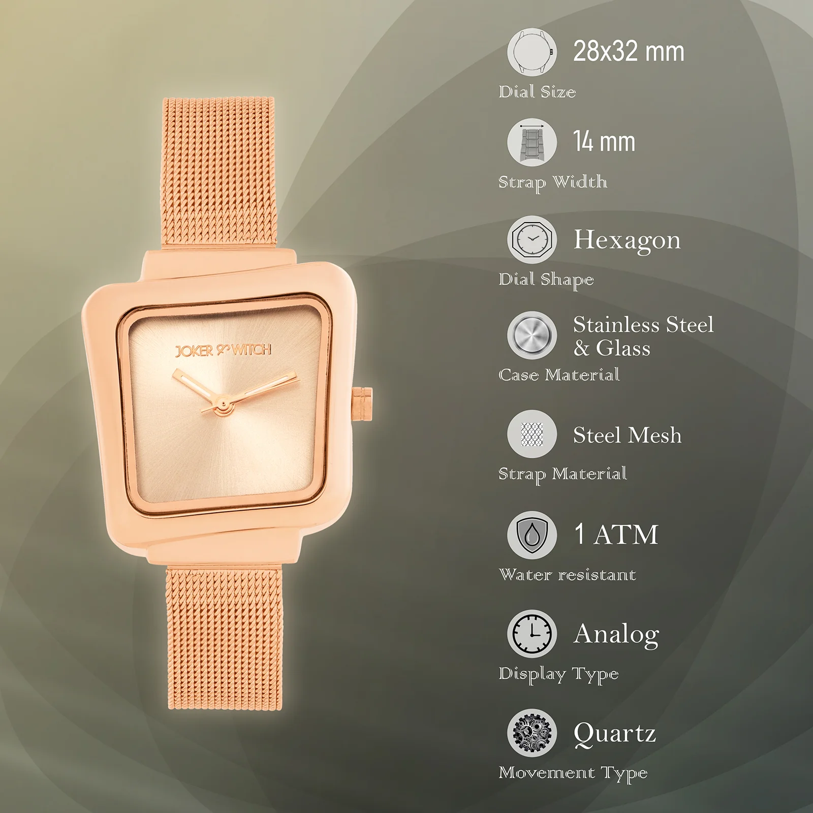 Regalia Rose Gold Small Hexagon Dial Mesh Strap Women's Watch - Image 7