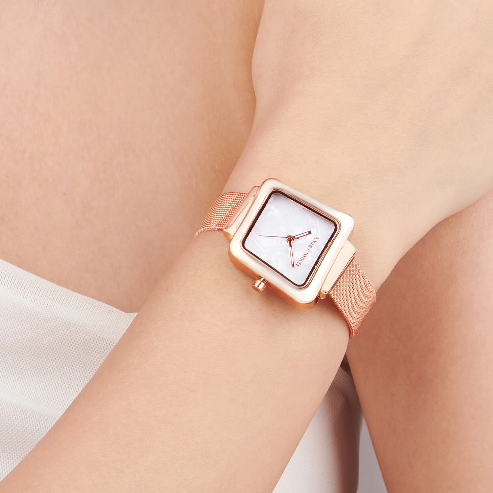 Regalia White Small Hexagon Dial Rose Gold Mesh Strap Women's Watch - Image 6