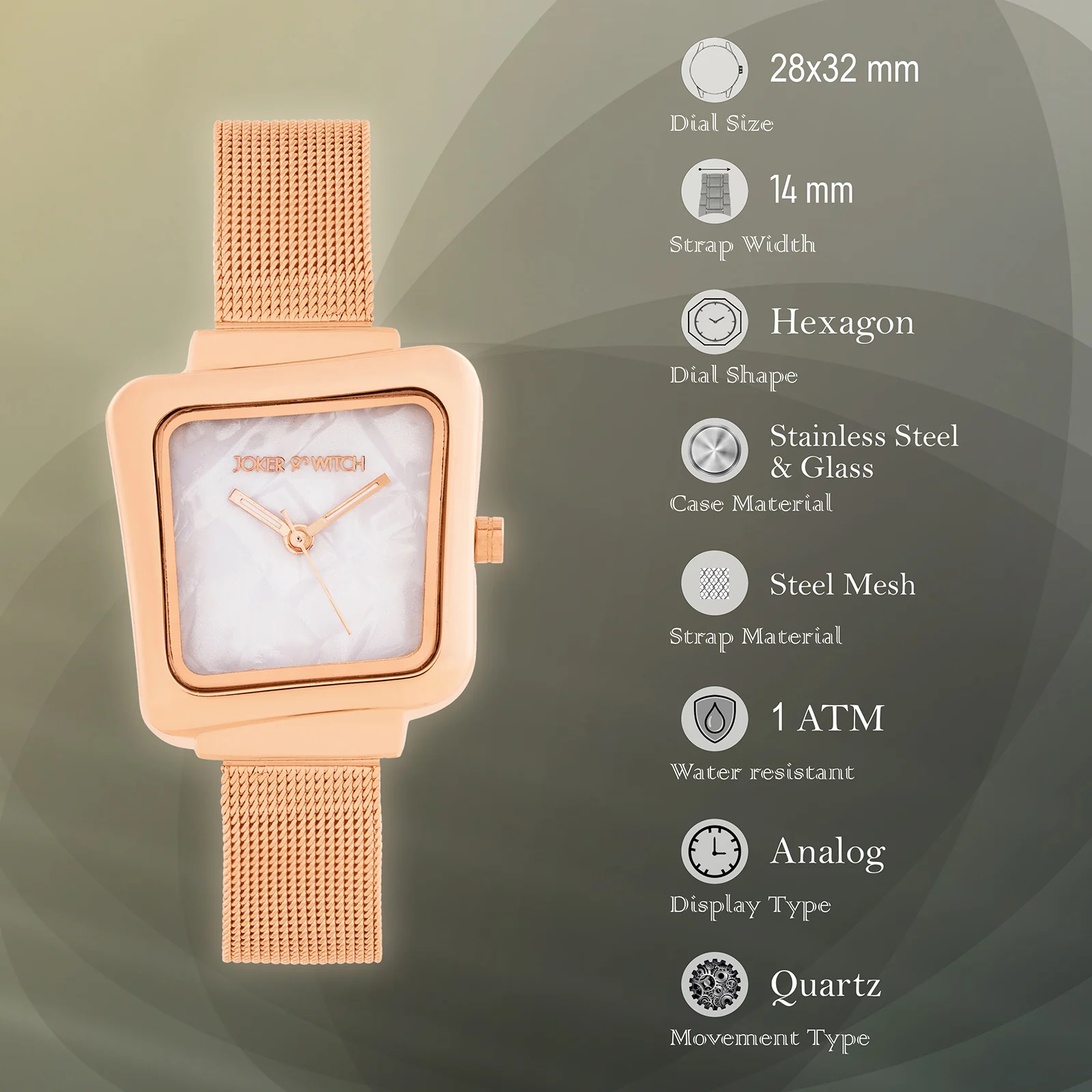 Regalia White Small Hexagon Dial Rose Gold Mesh Strap Women's Watch - Image 7