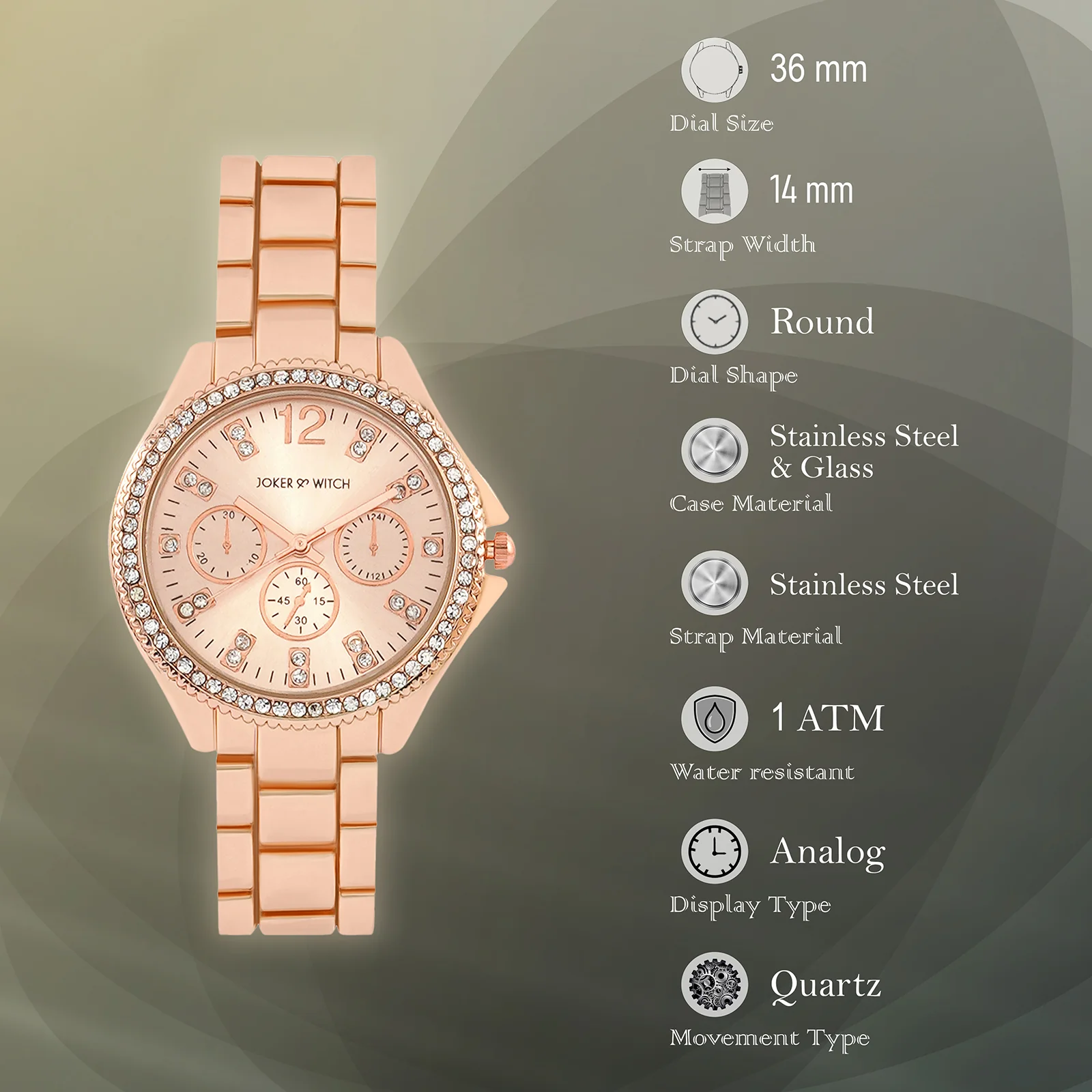 Reina Rose Gold Medium Rhinestone Dial Linked Chain Strap Women's Watch - Image 7