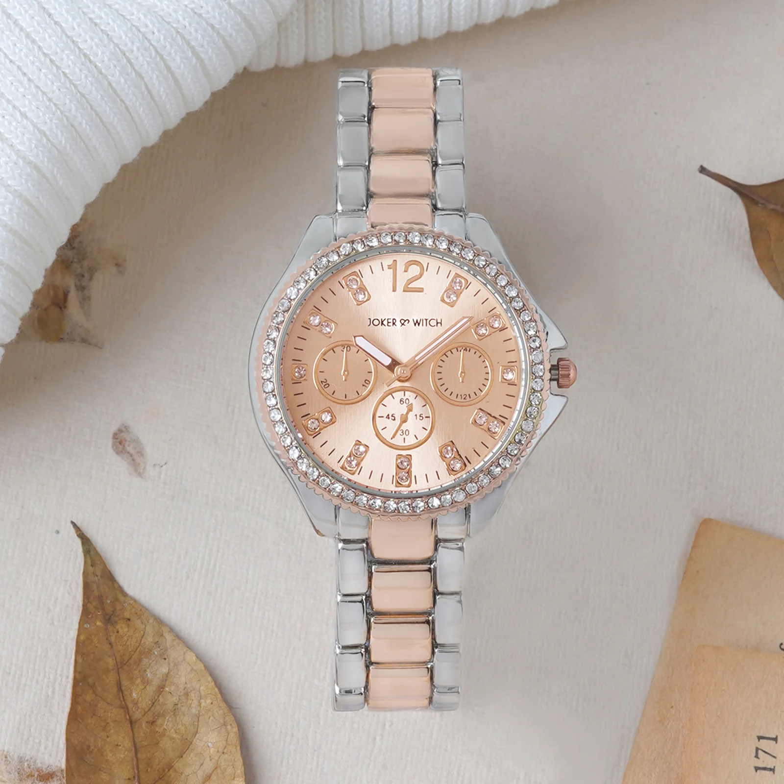 Reina Rose Gold Medium Rhinestone Dial Dual Tone Linked Chain Strap Women's Watch - Image 3