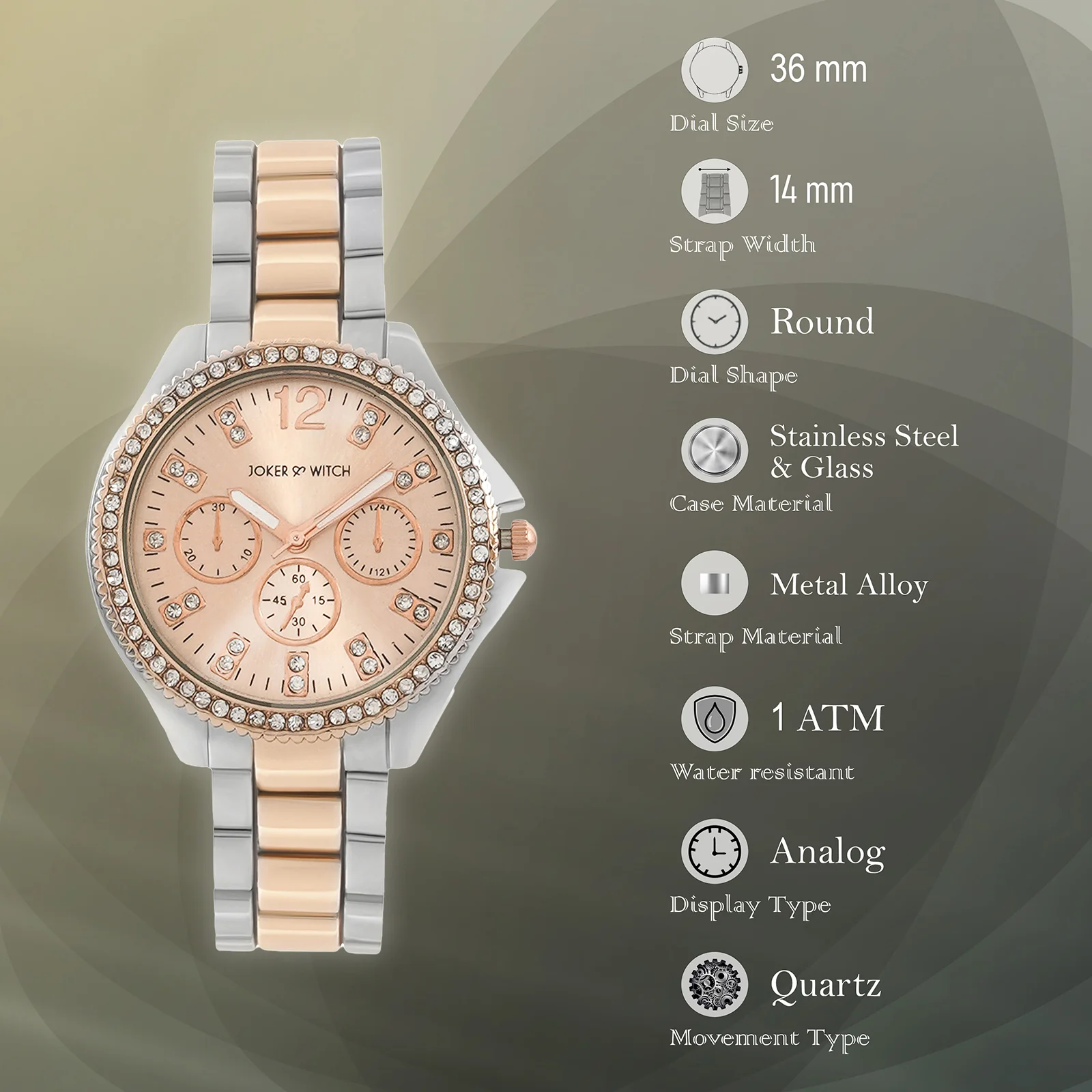 Reina Rose Gold Medium Rhinestone Dial Dual Tone Linked Chain Strap Women's Watch - Image 7