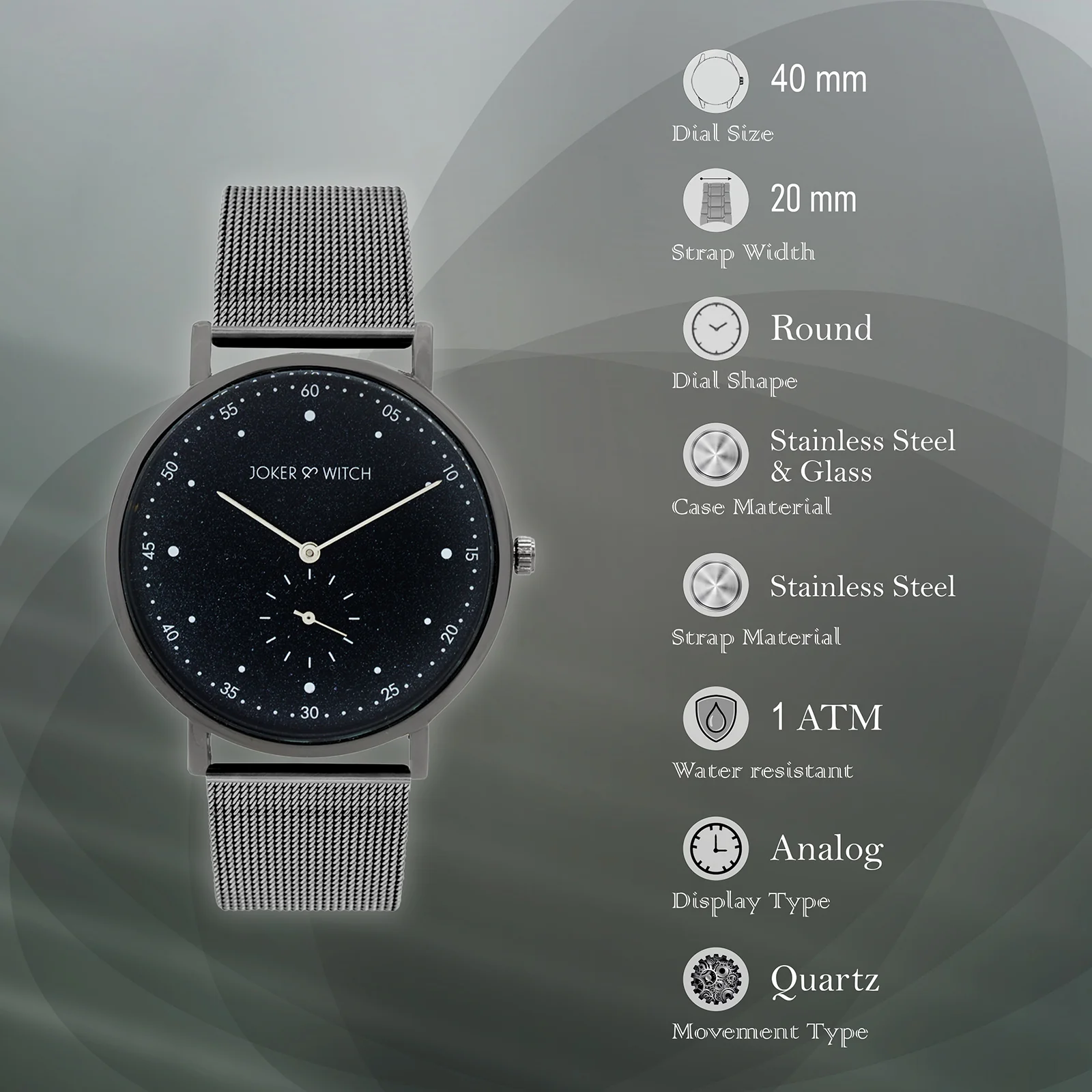 Drake Black Large Dial Gunmetal Mesh Strap Men's Watch - Image 7