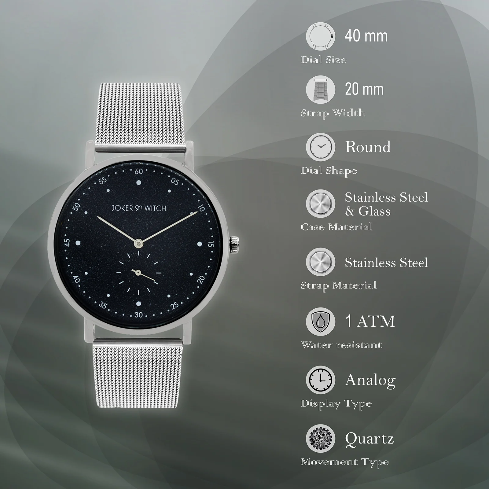Drake Black Large Dial Silver Mesh Strap Men's Watch - Image 7