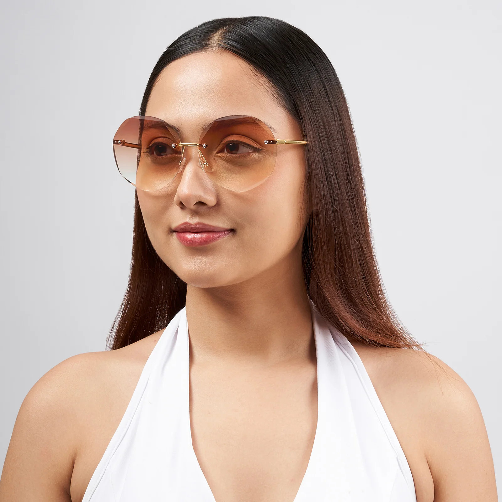 Rimless Octagon Tan Ombre Lens Gold Frame Sunglasses - Image 2