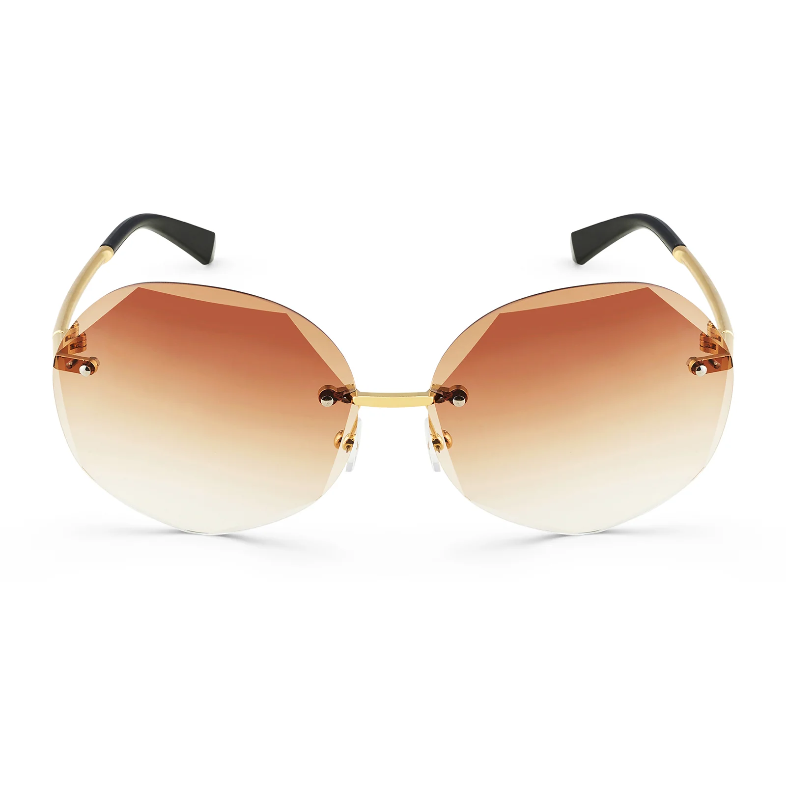 Rimless Octagon Tan Ombre Lens Gold Frame Sunglasses - Image 4
