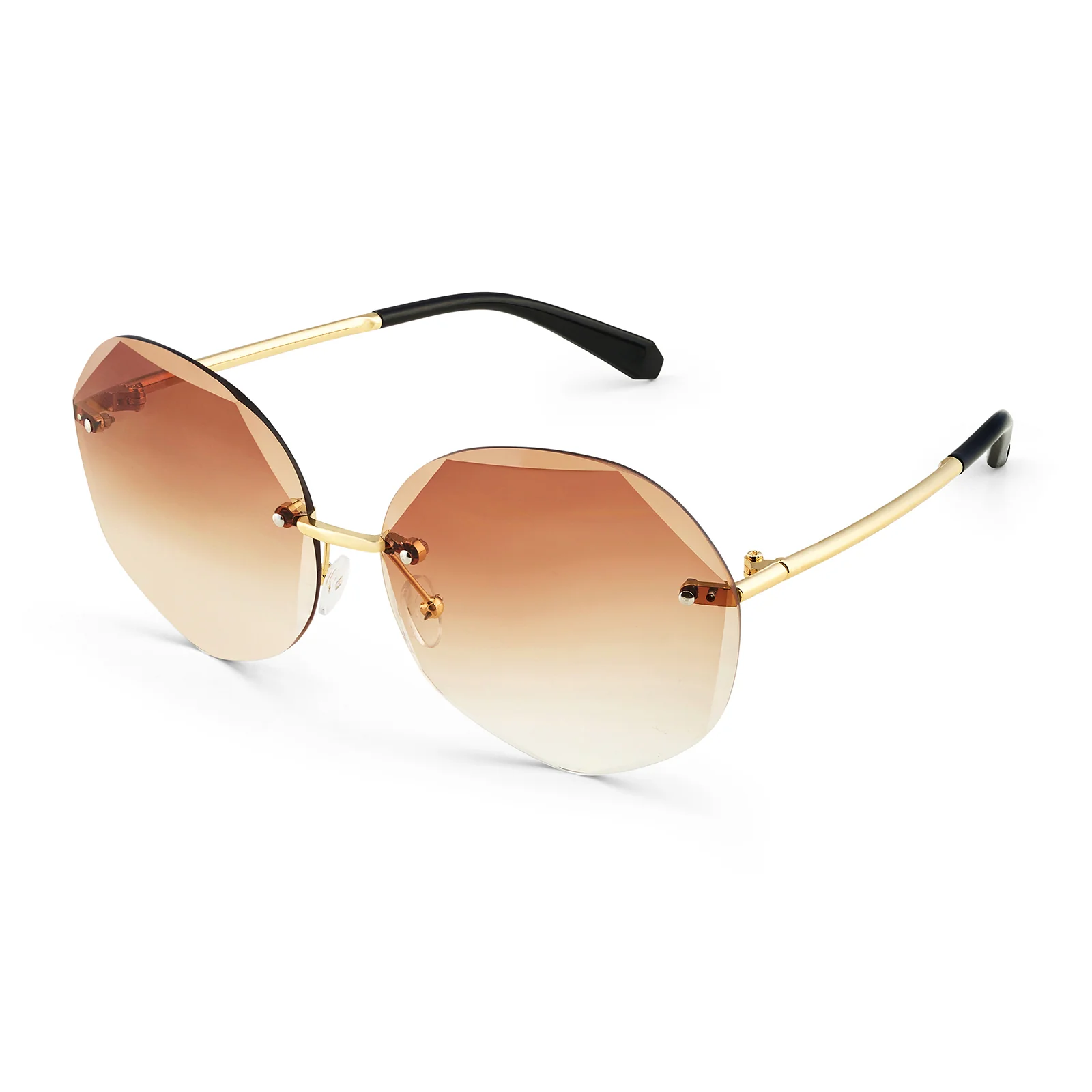 Rimless Octagon Tan Ombre Lens Gold Frame Sunglasses - Image 5